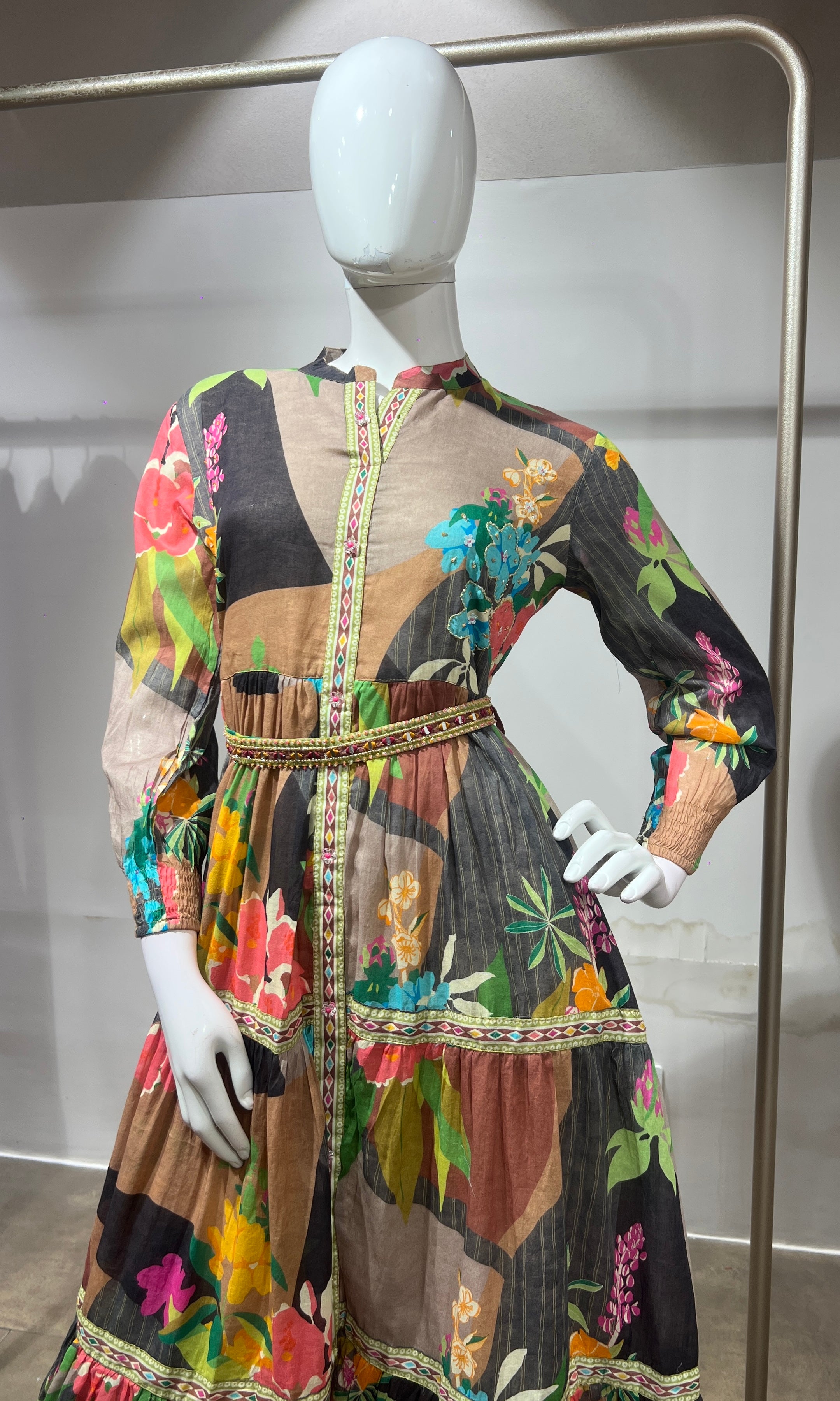 Green Multi Abstract Print Long Sleeve Frock