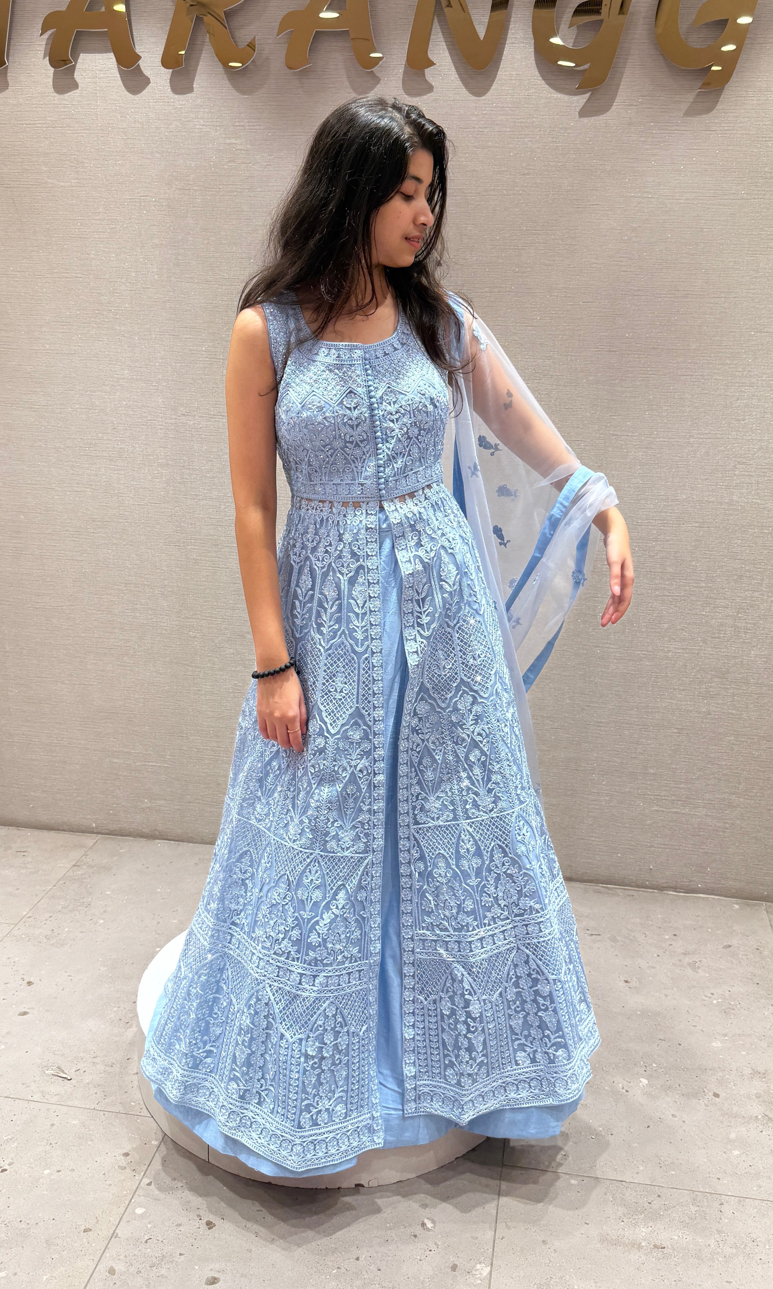 Sea blue EMBROIDERED front slit Anarkali