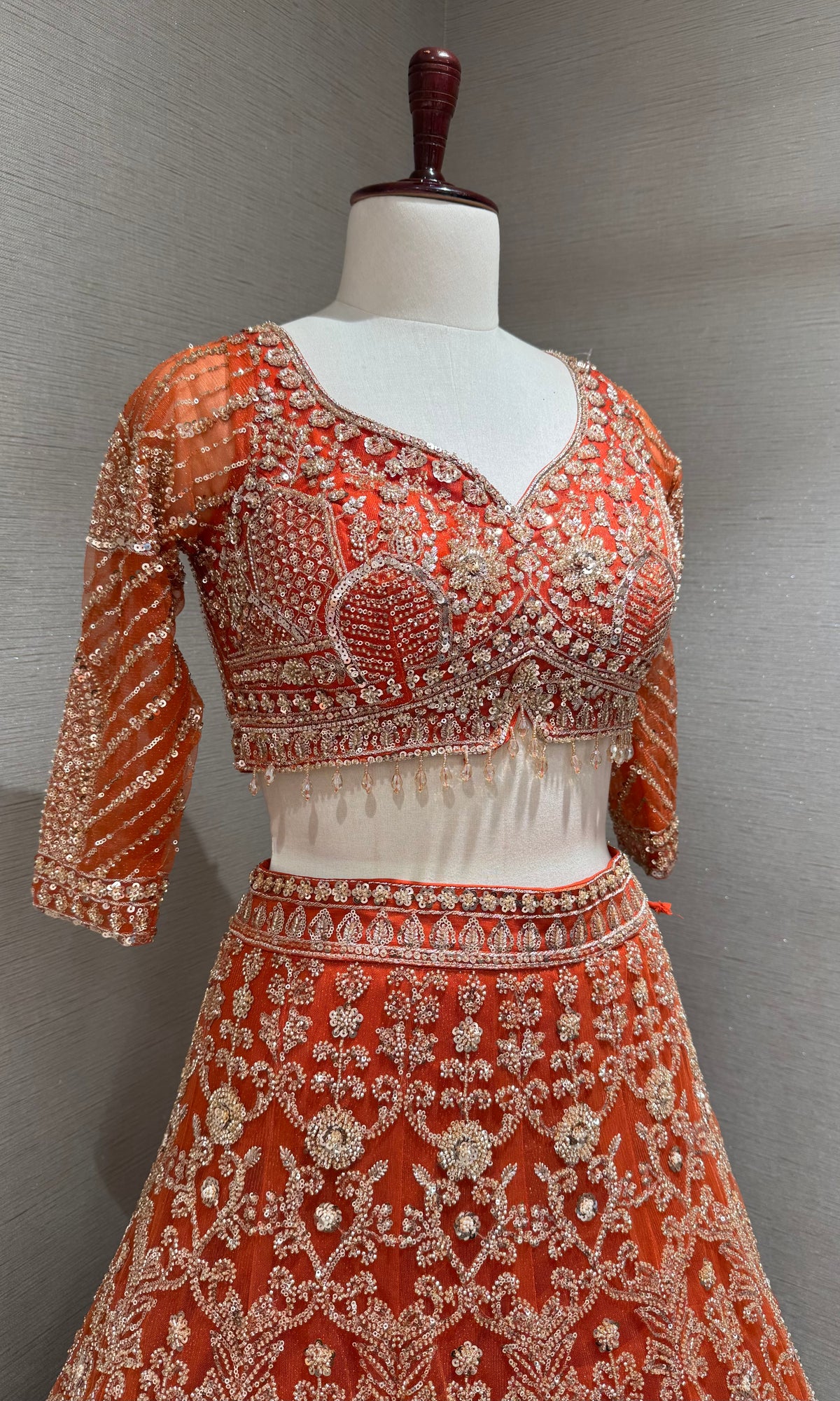 Rust Orange Georgette Motif Bridal Lehenga Set