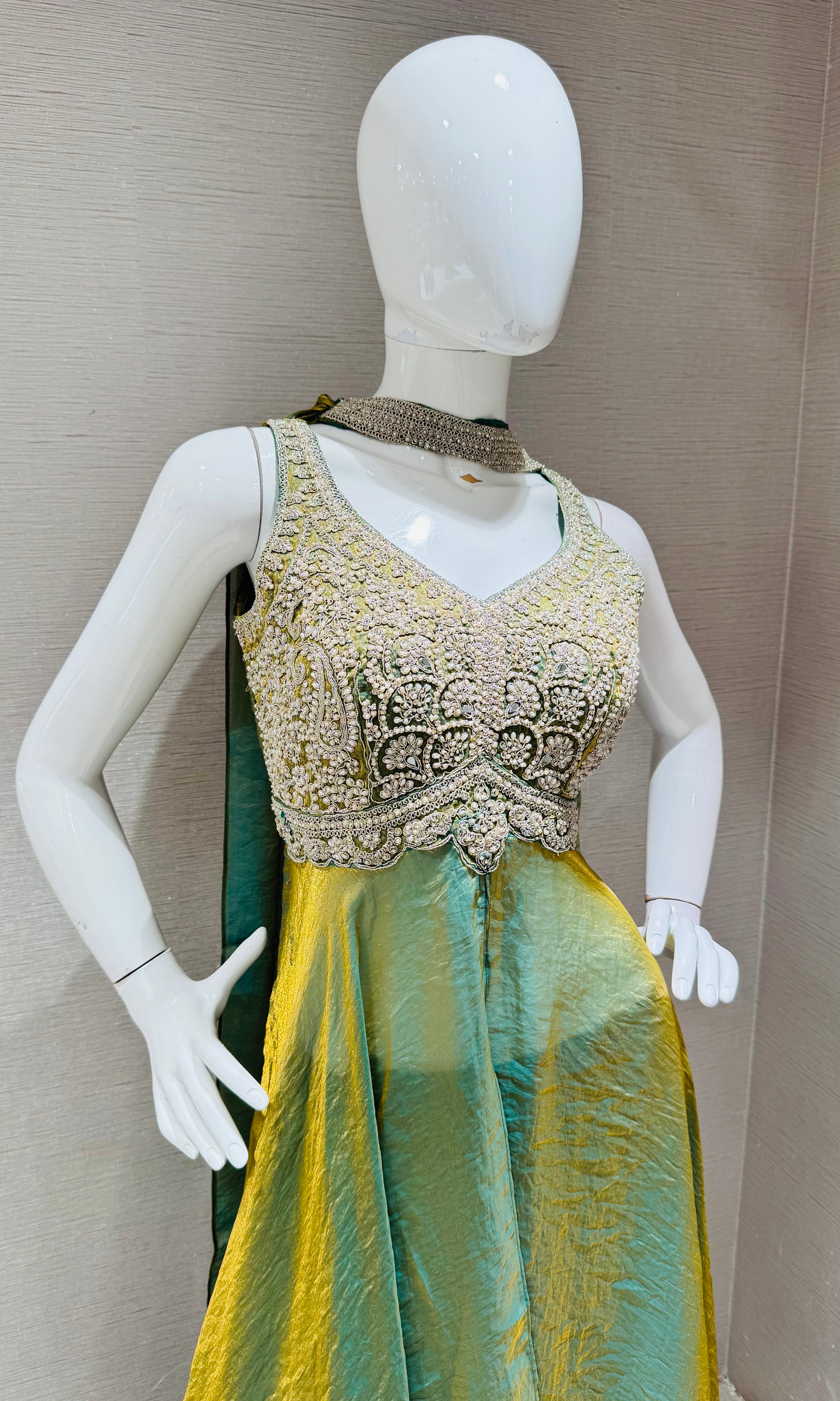 Olive Green Shimmer Tissue Palazzo set