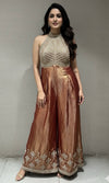 RUST EMBROIDERED HALTER NECK JUMPSUIT