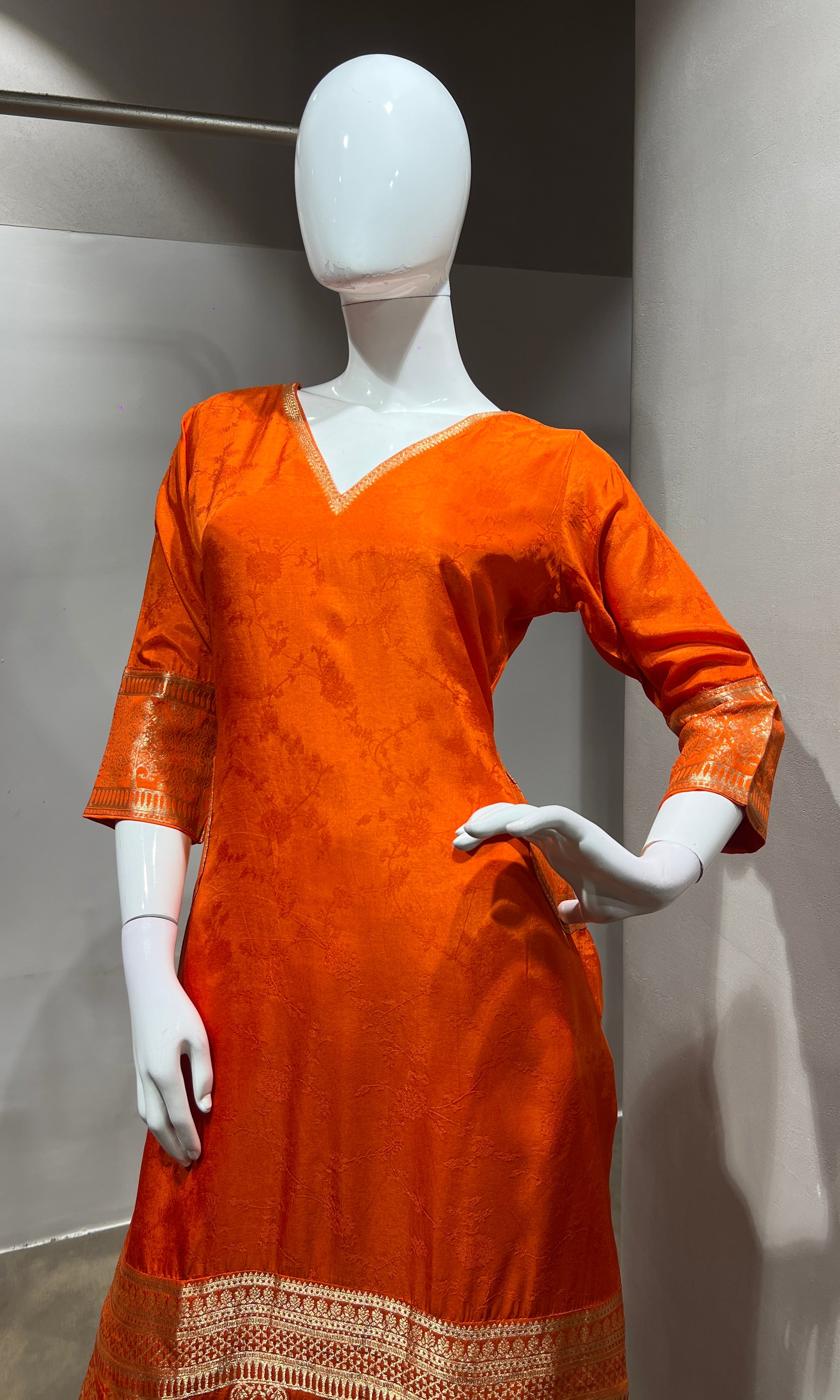 Orange Silk Straight Kurta Set with Gold Border