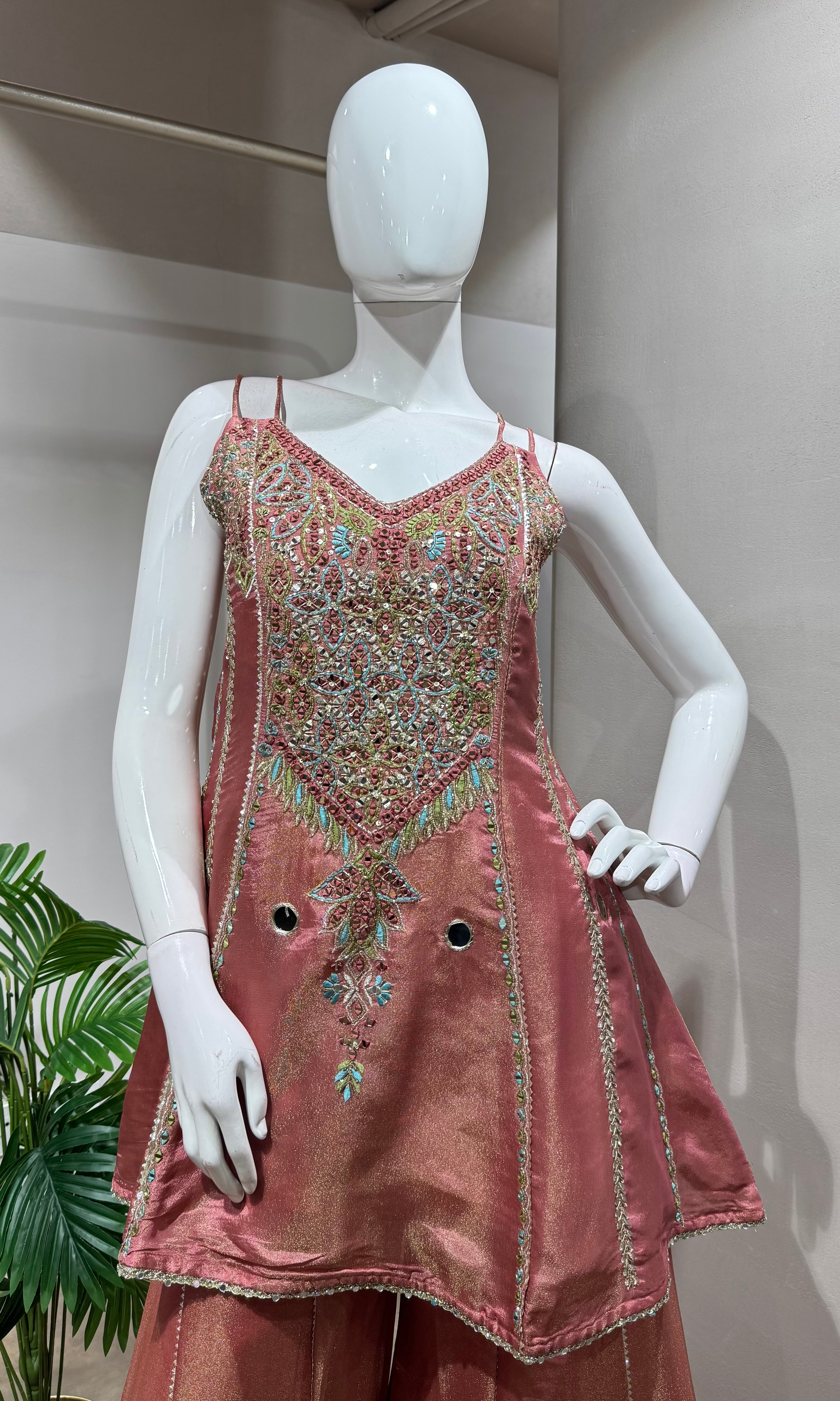 peach embroidered Tissue Sharara Set