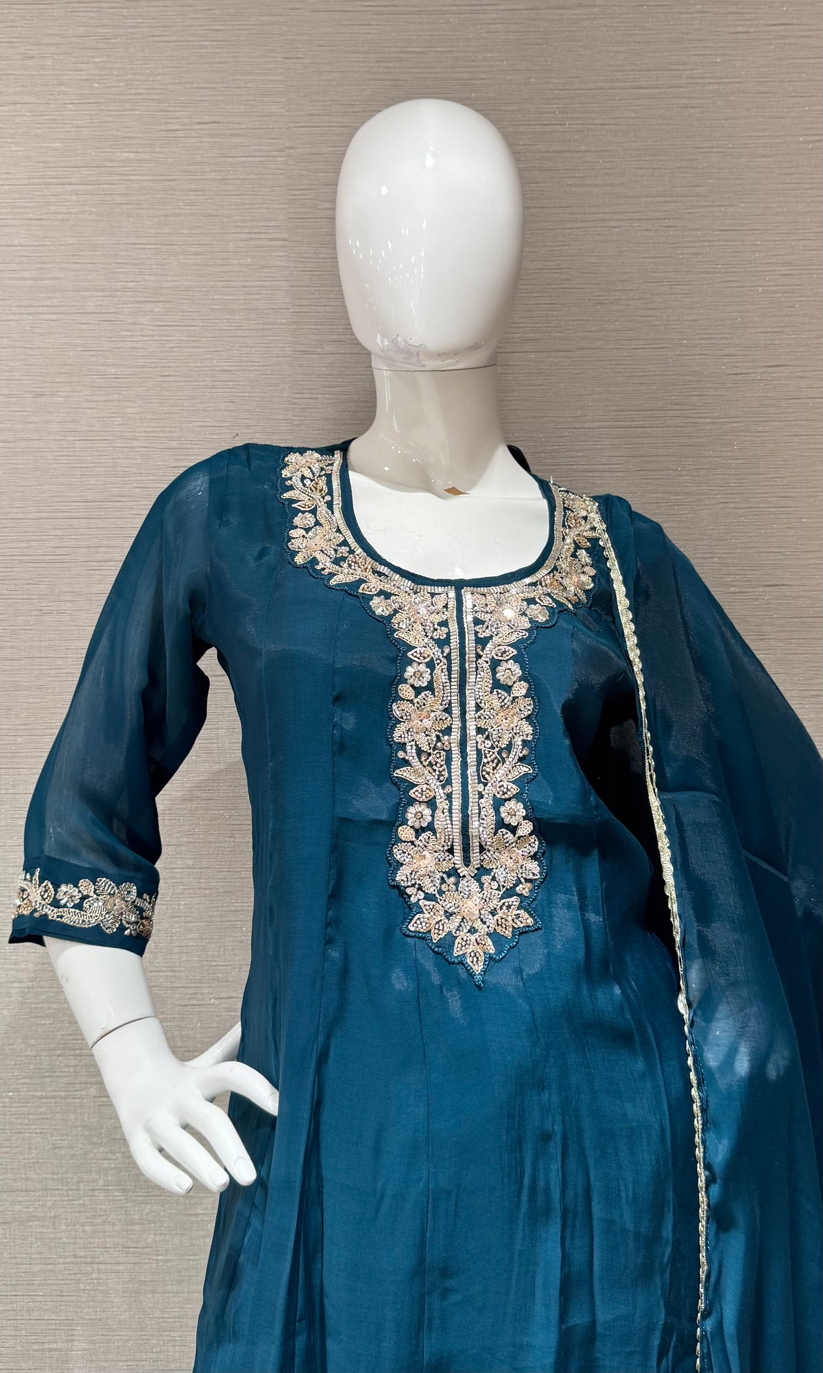Peacock Blue Kurta set with Matching Sheer Dupatta
