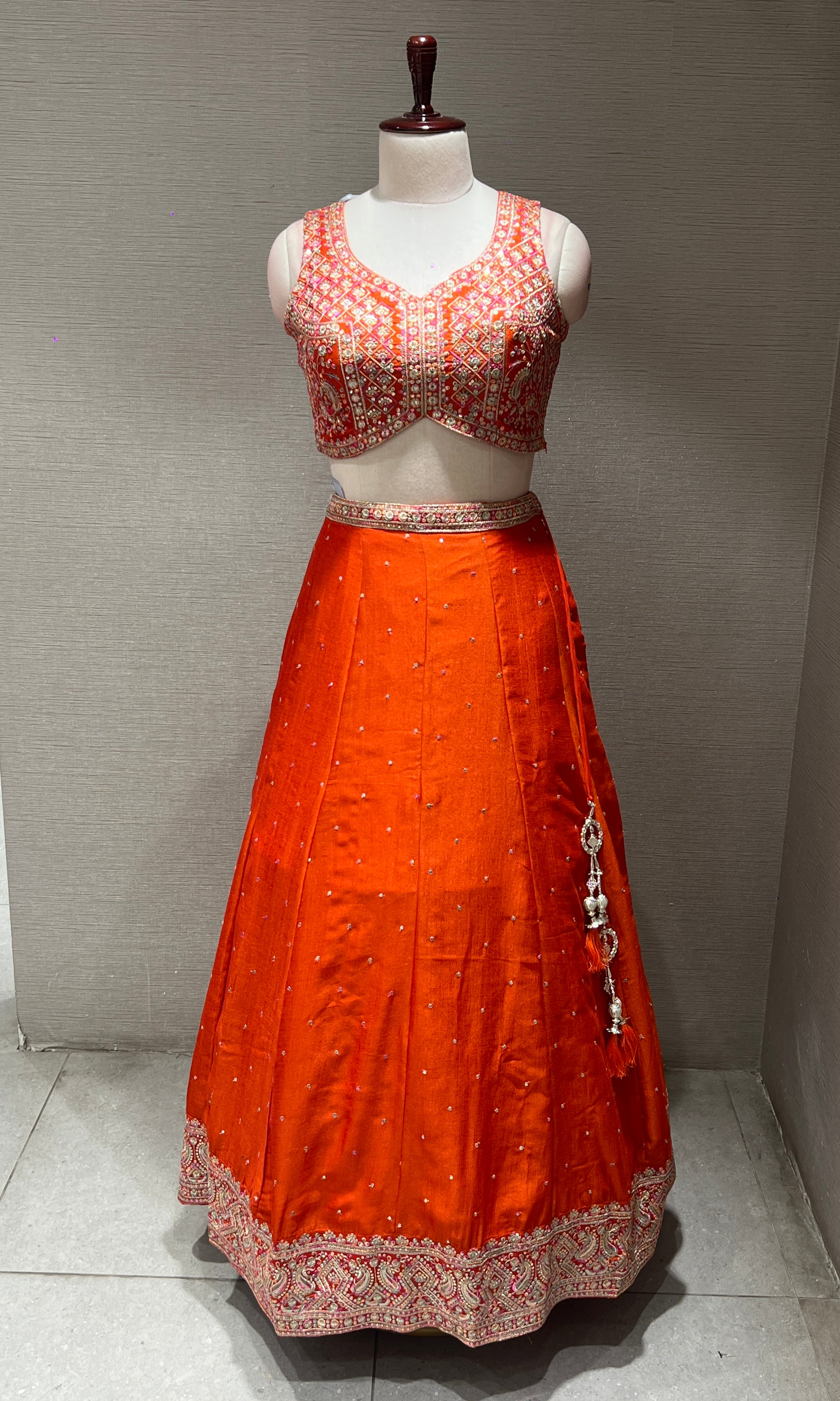 Orange Mirrorwork Embroidered Lehenga Set