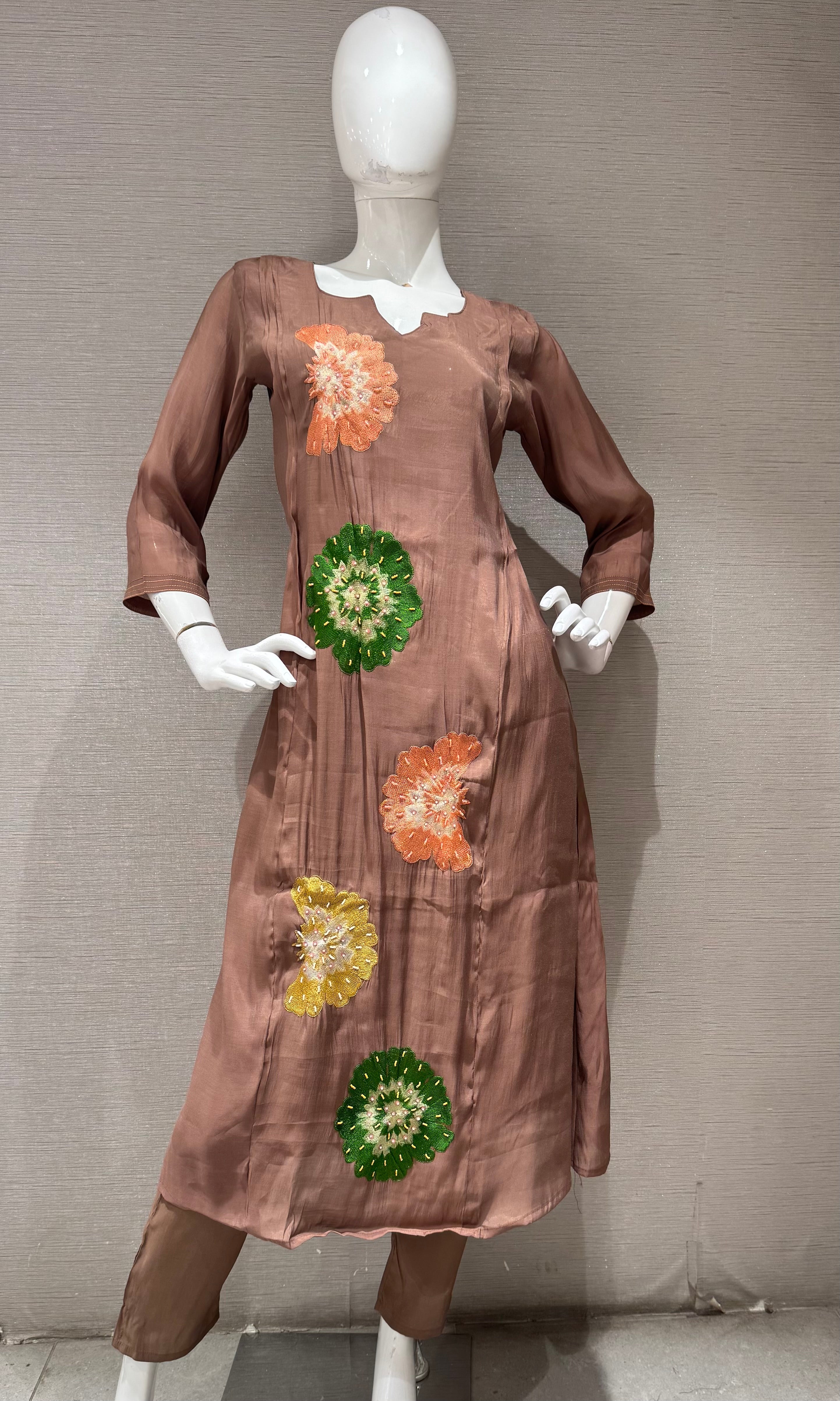 Light Brown cotton silk Floral Motif Kurta set with dupatta