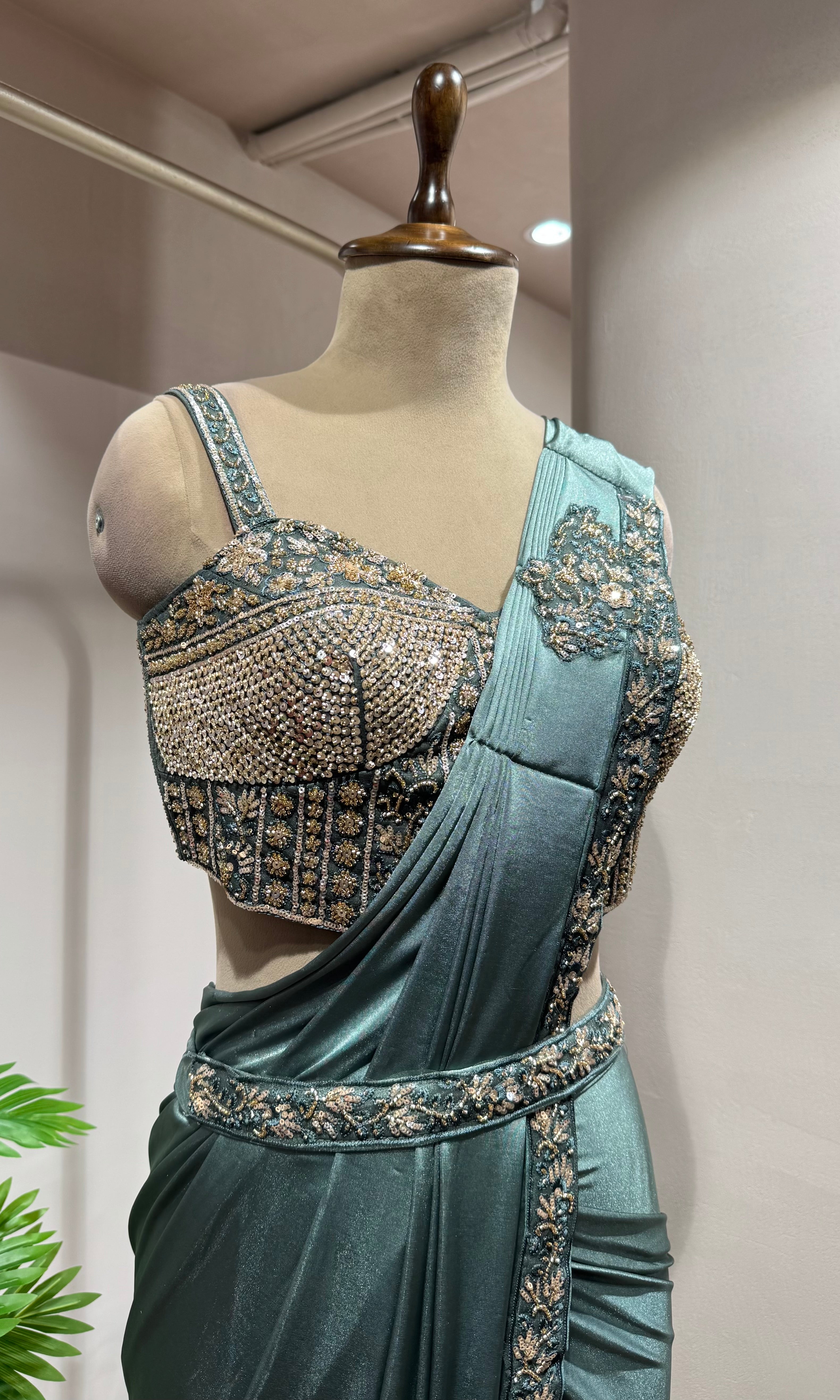 sea green drape saree WITH CORSET BLOUSE