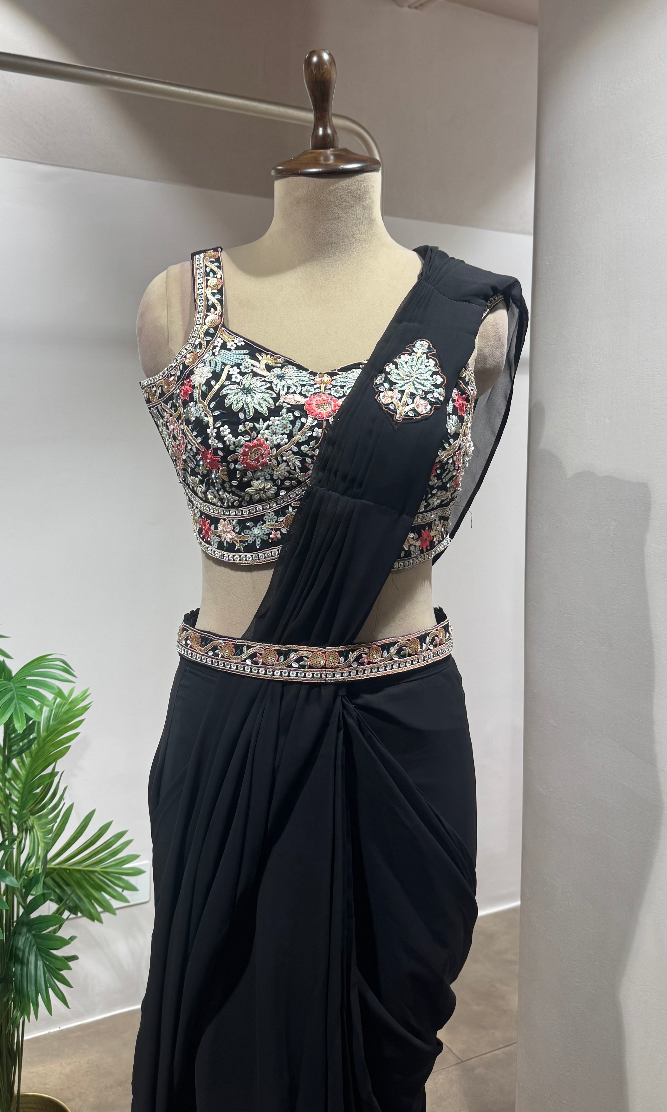 black drape saree with floral blouse & BELT
