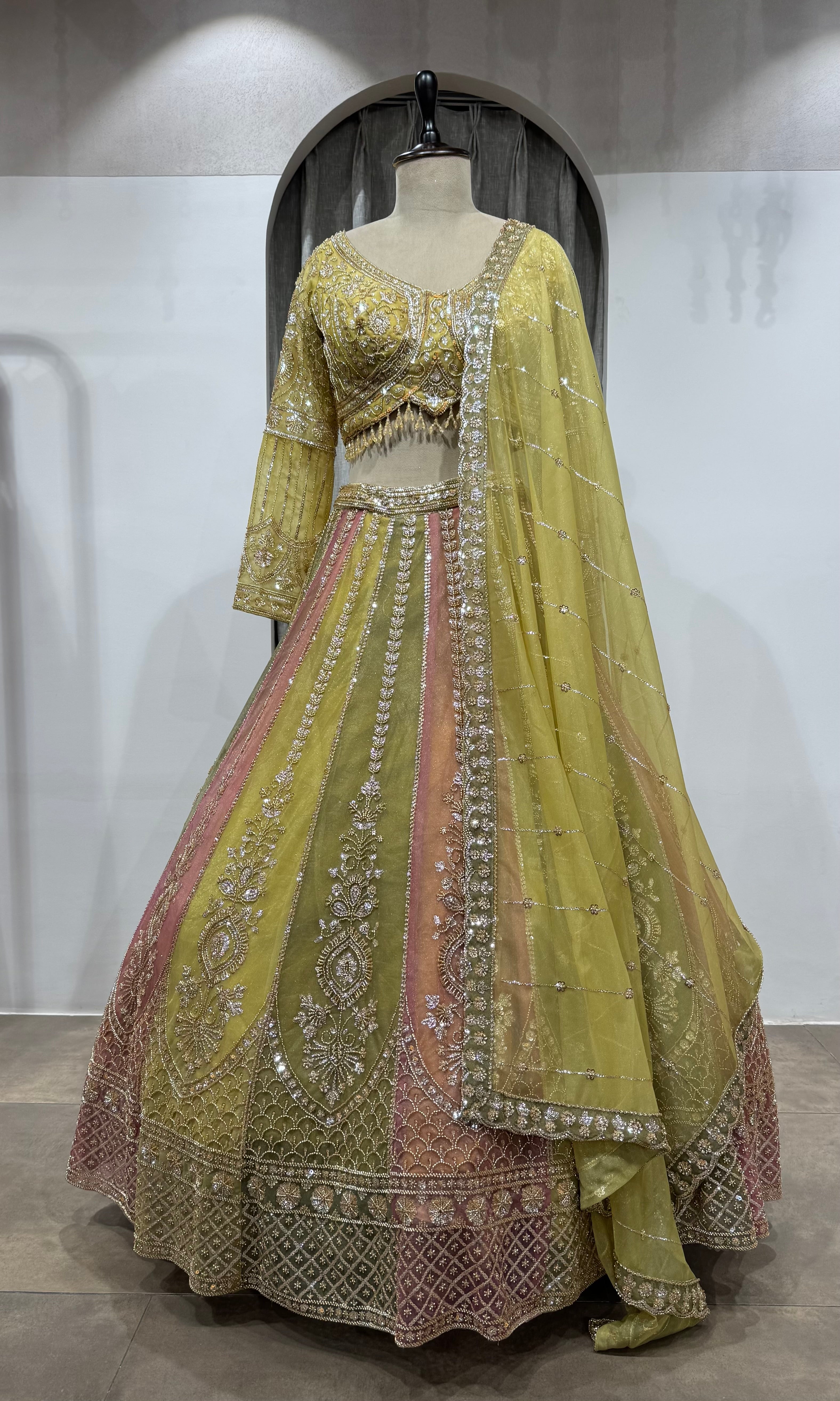 Lime Green & Blush Pink Embroidered Lehenga Set