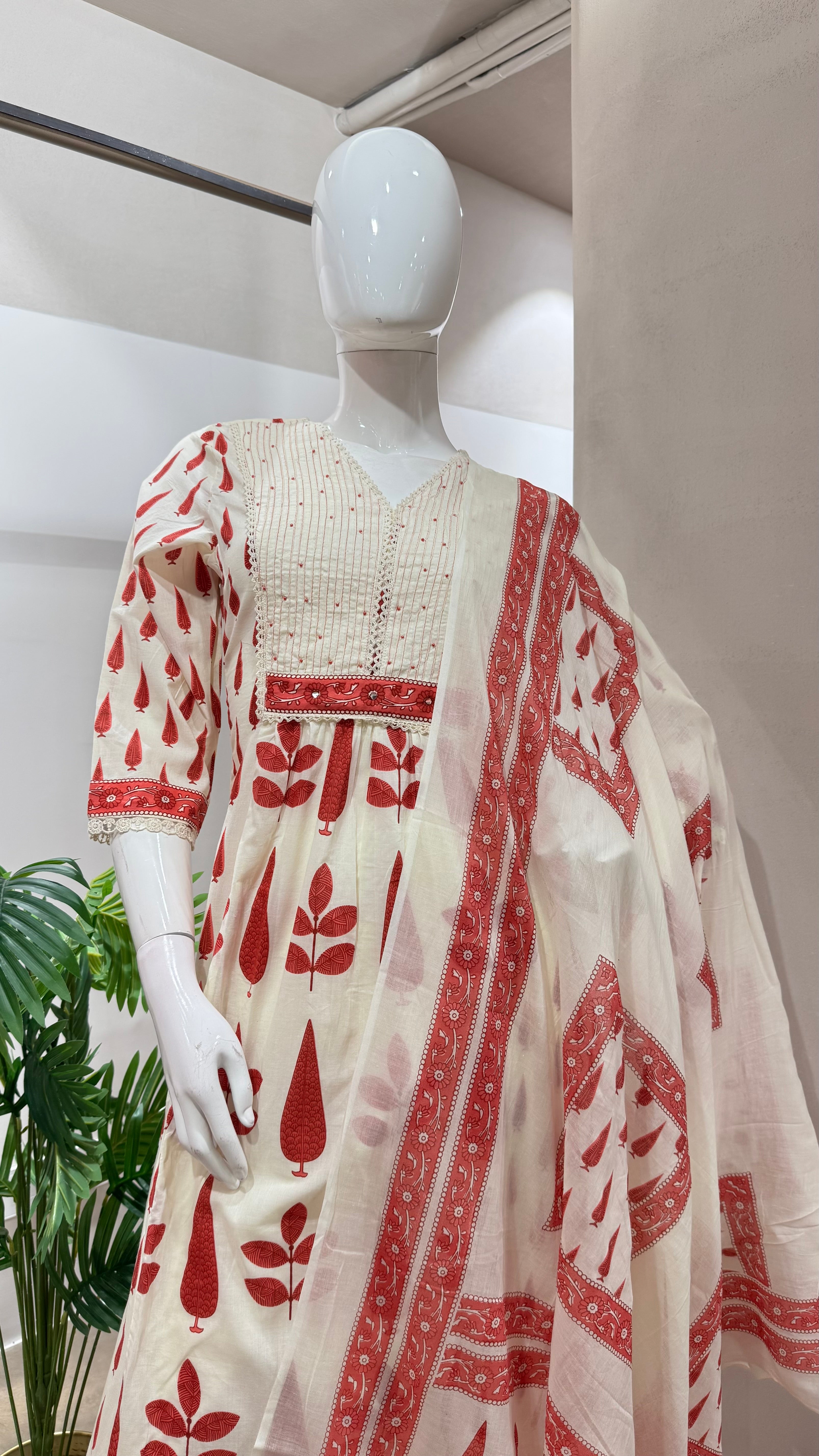 RED AND CREAM ETHNIC ANARKALI SET