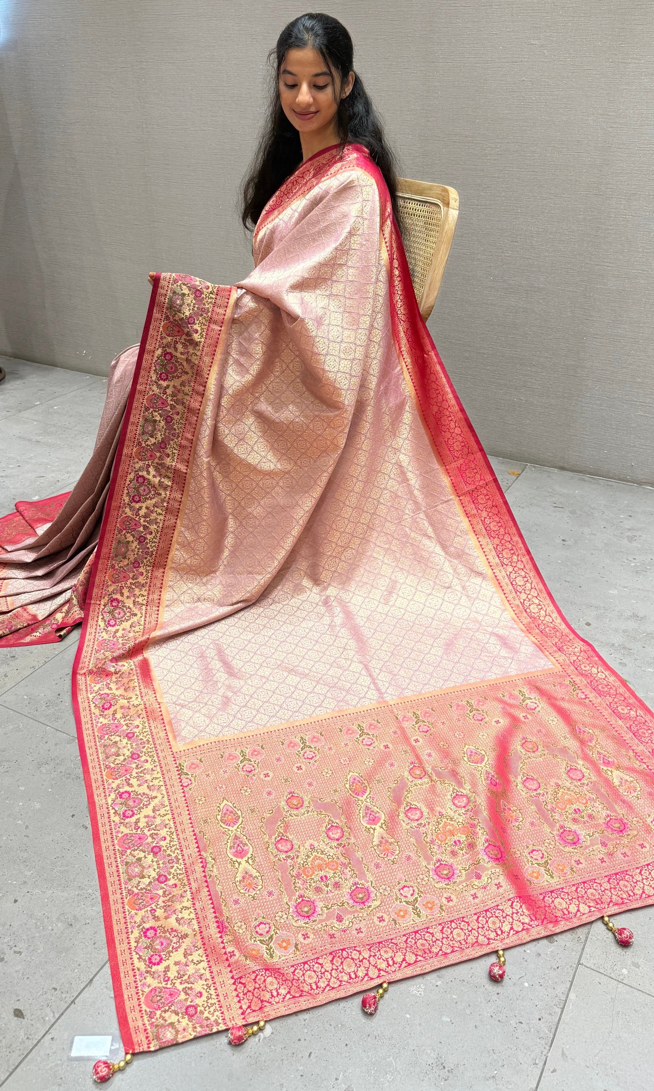Pink saree with ready blouse
