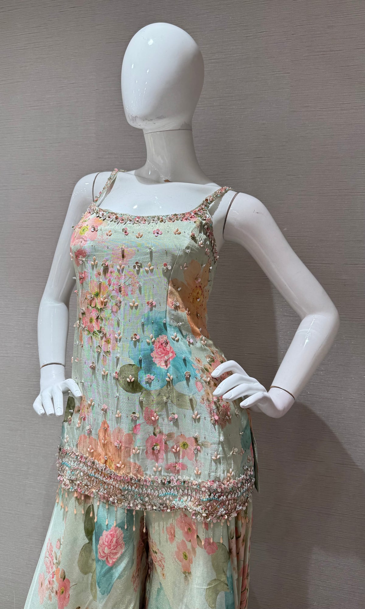 light green Silk Organza Floral Printed Peplum palazzo set