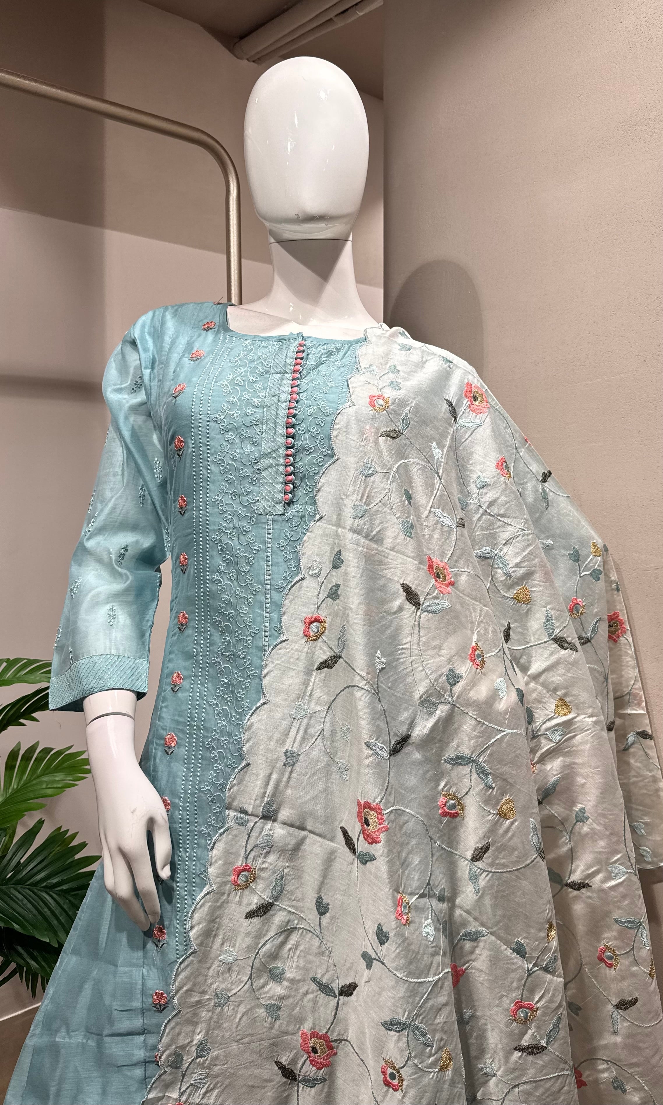 BLUE Floral Cotton Kurta set with dupatta
