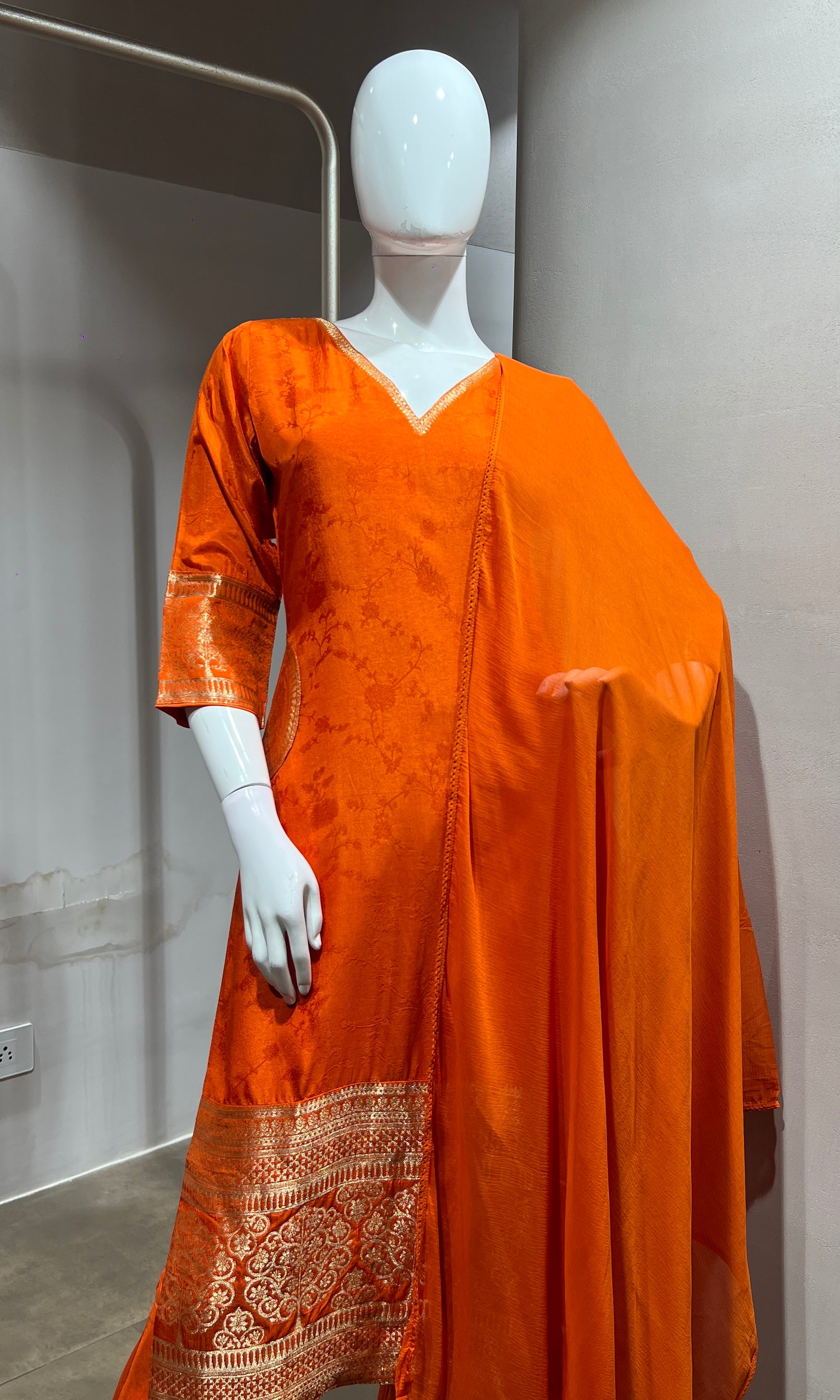 Orange Silk Straight Kurta Set with Gold Border
