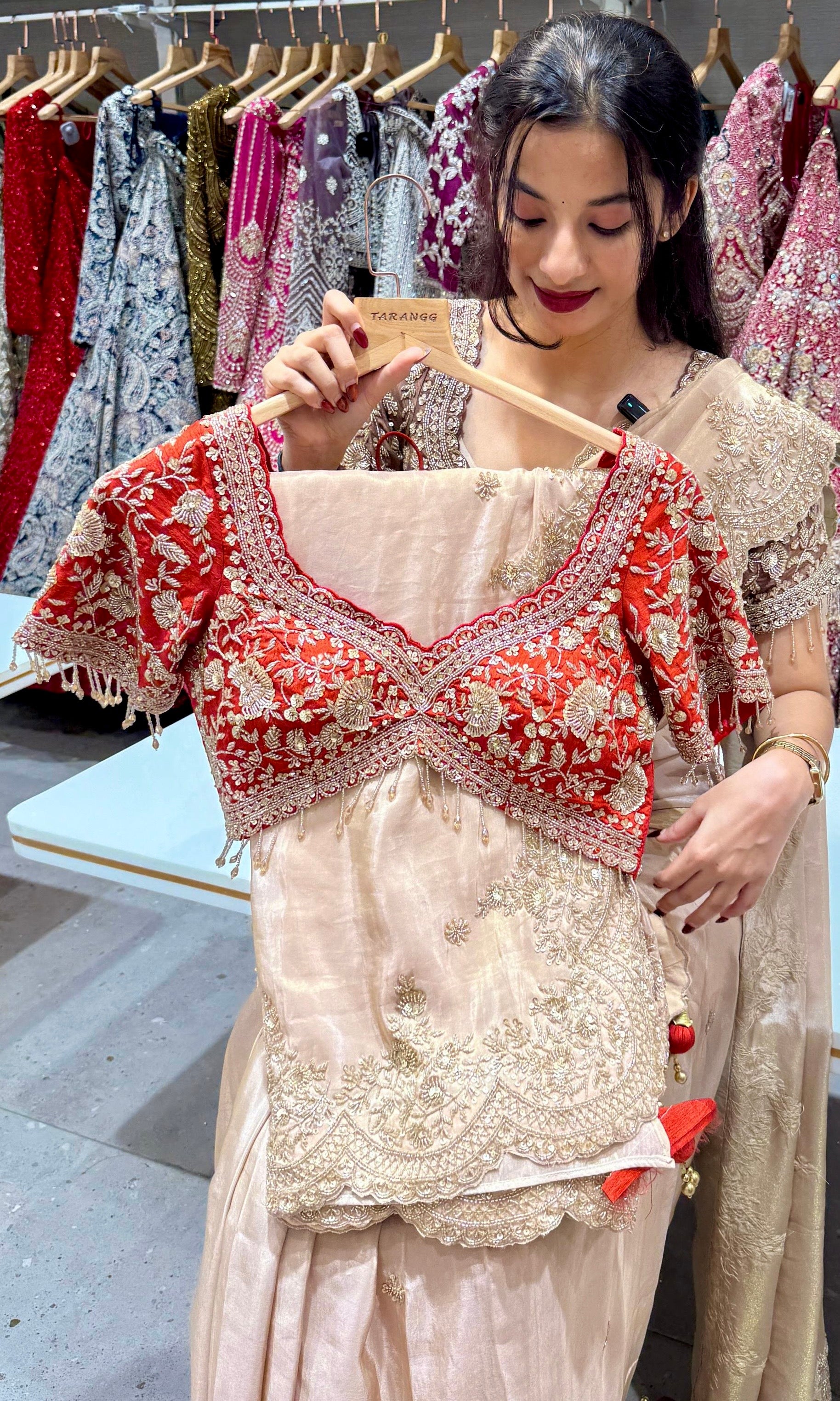 Rust orange saree with ready blouse