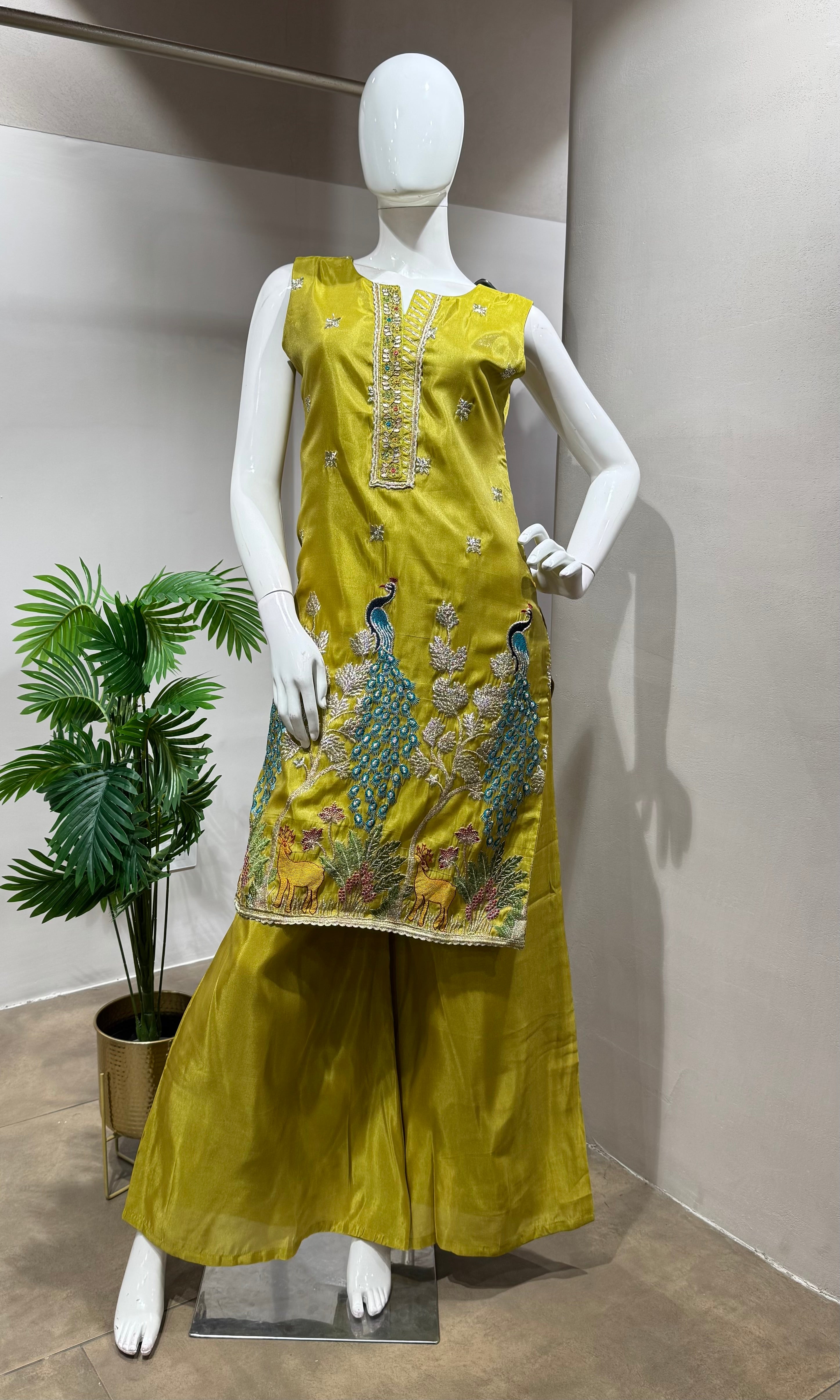 GREEN PEACOCK KURTI WITH PALAZZO PANTS