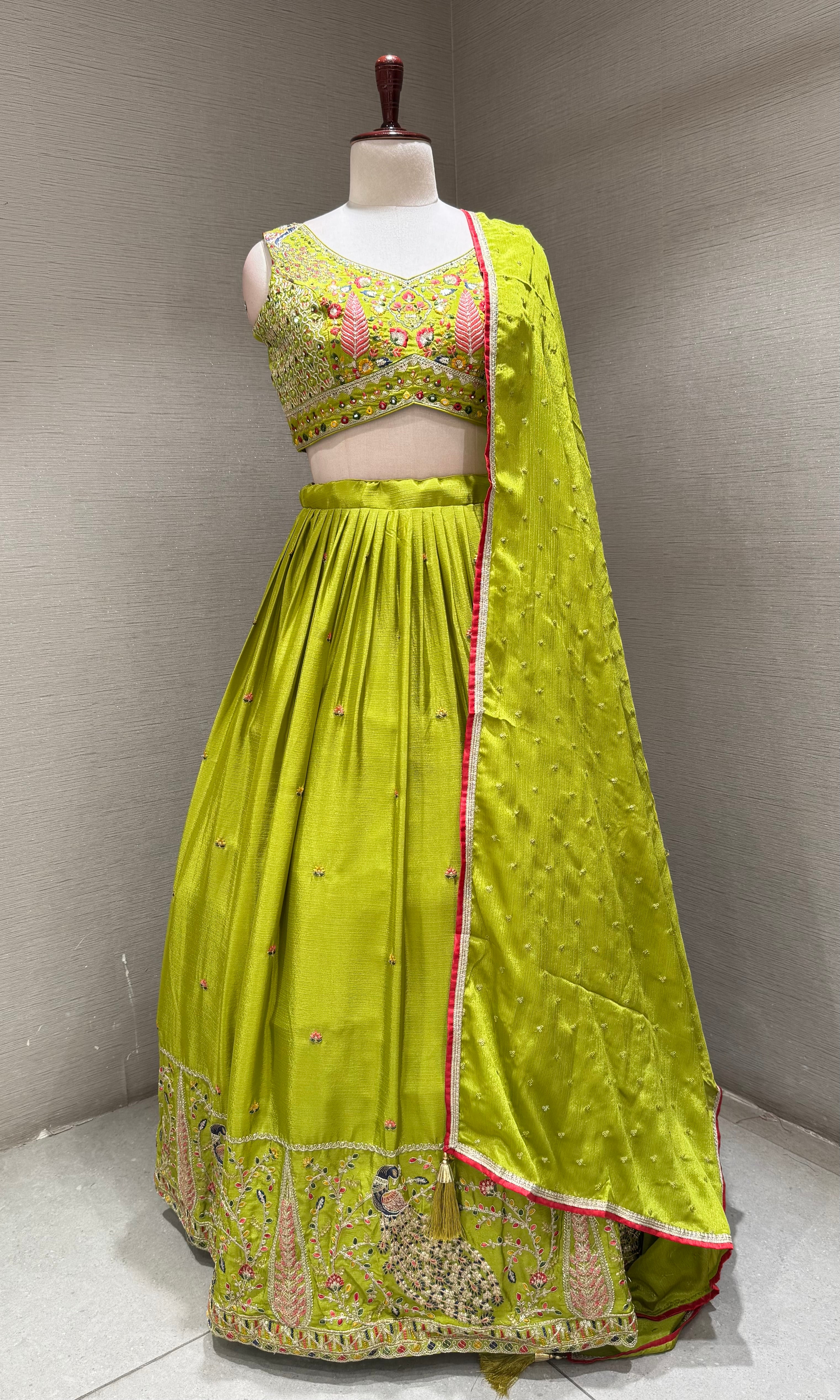 Lime Green Lehenga Choli Set with Pink Accents