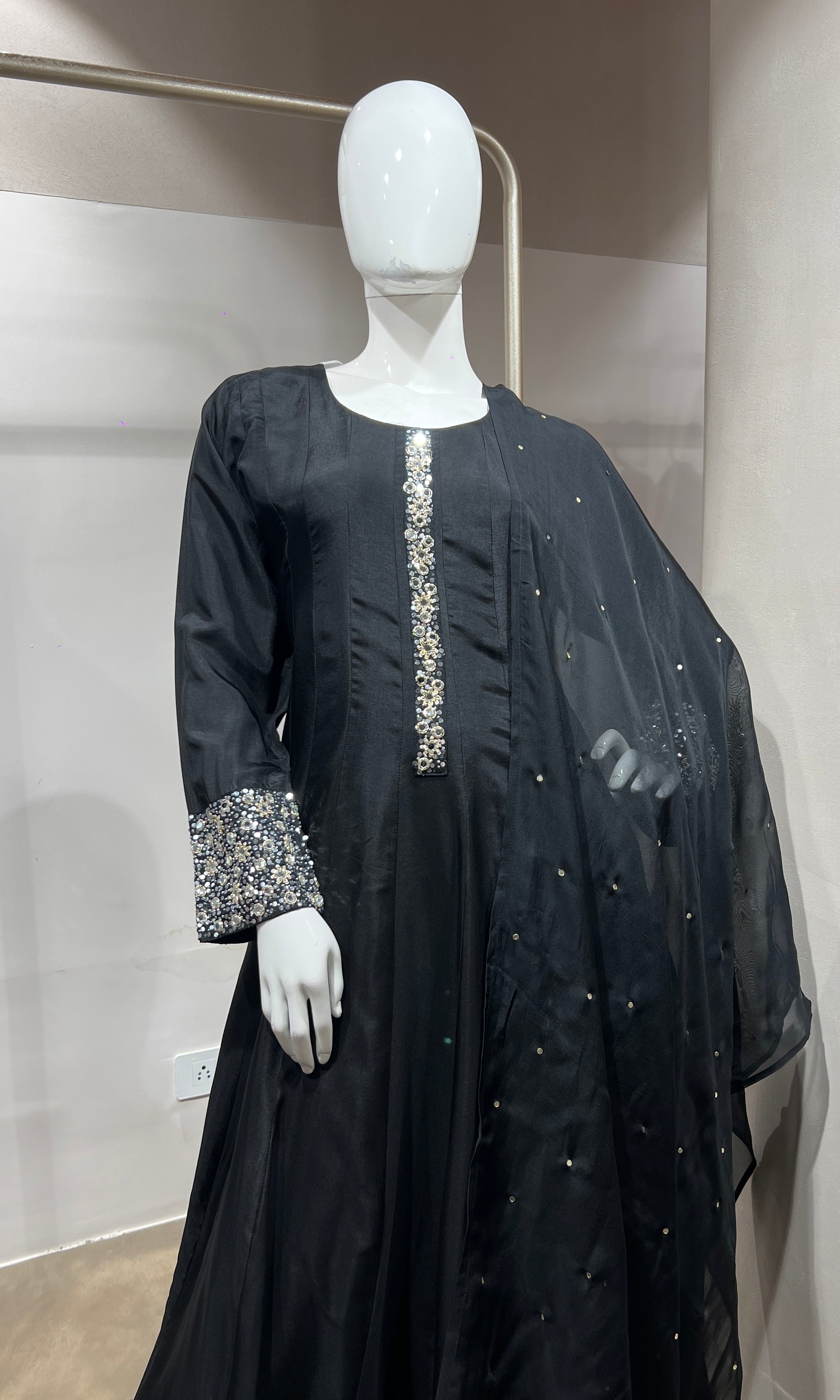 black Straight Kurta Set with Mirror Embroidery