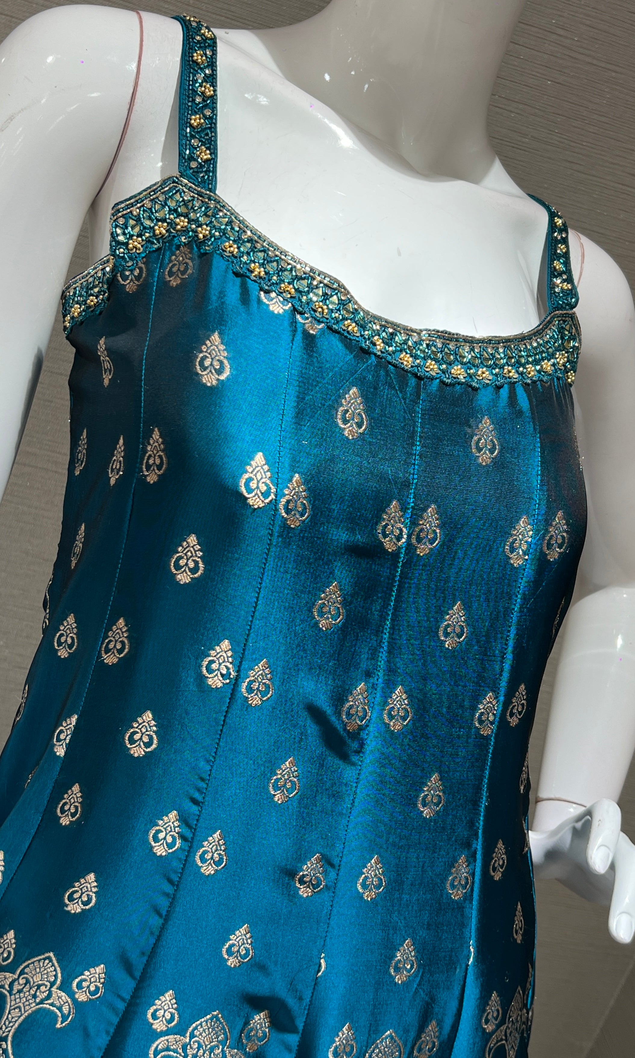 Rama Blue Anarkali with Gold Print embroidery