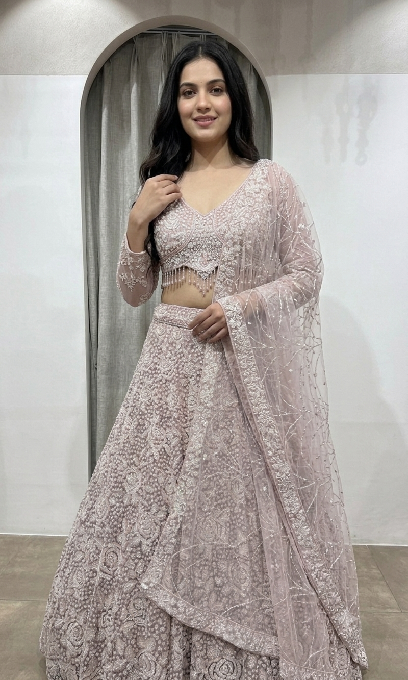 ROSE PINK Crystal Cascade Pastel Lehenga