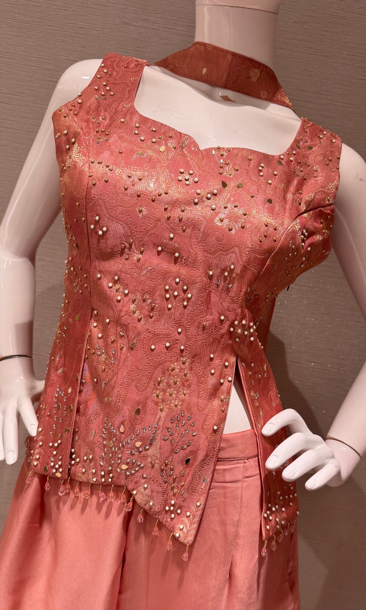 Rust Satin Embellished Crop Top and Palazzo Set