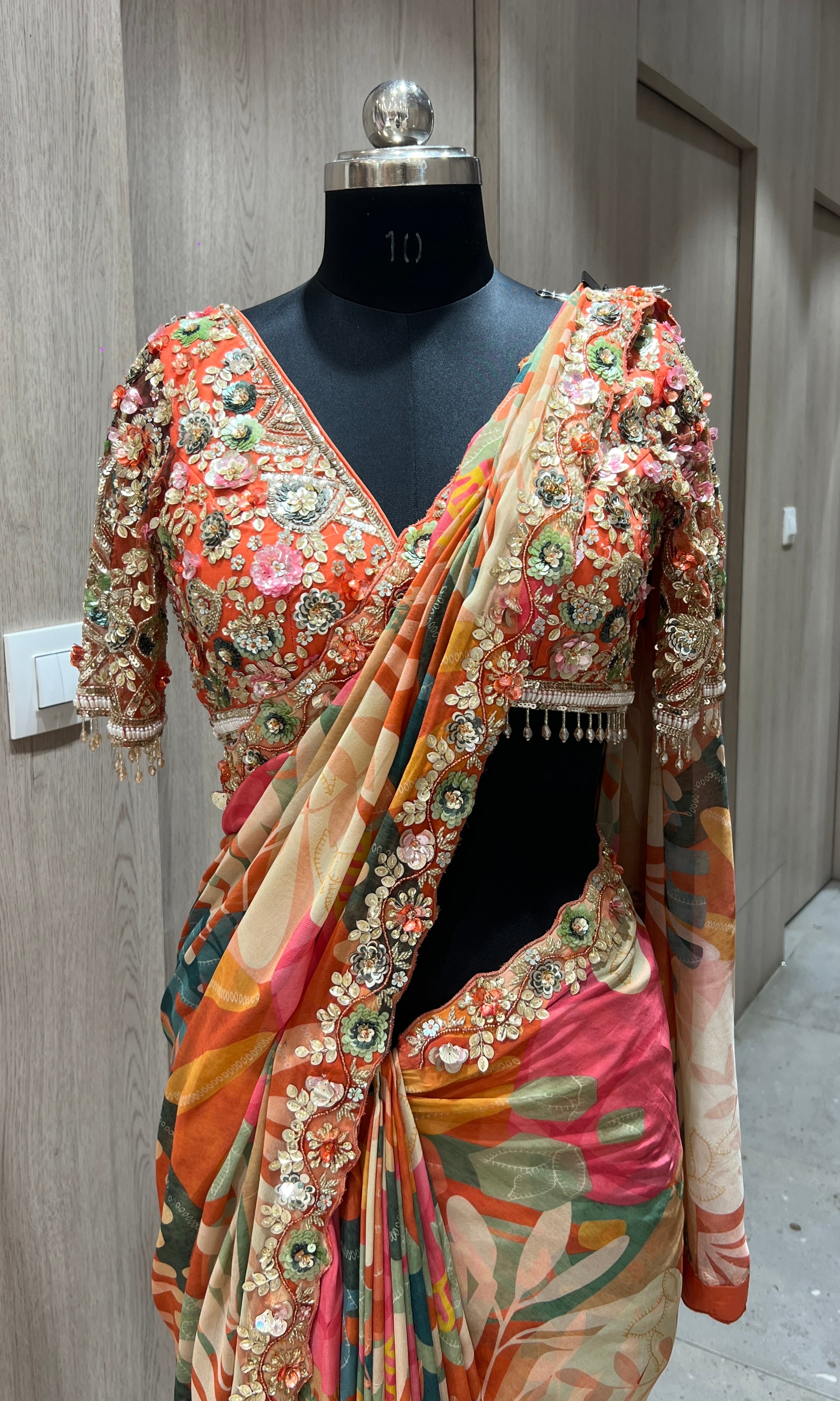 Orange saree with ready blouse