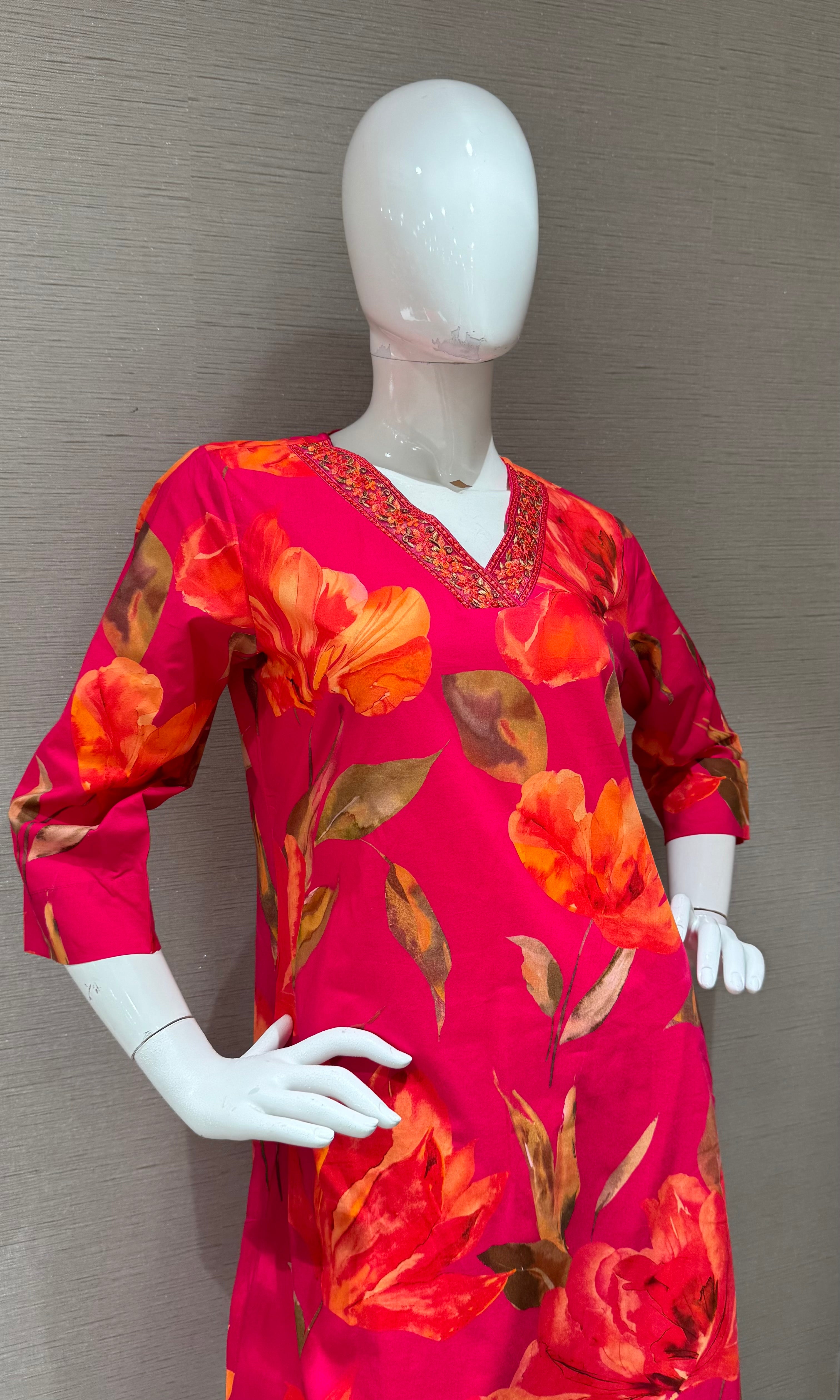 Rani pink Abstract Floral Straight Kurta Set