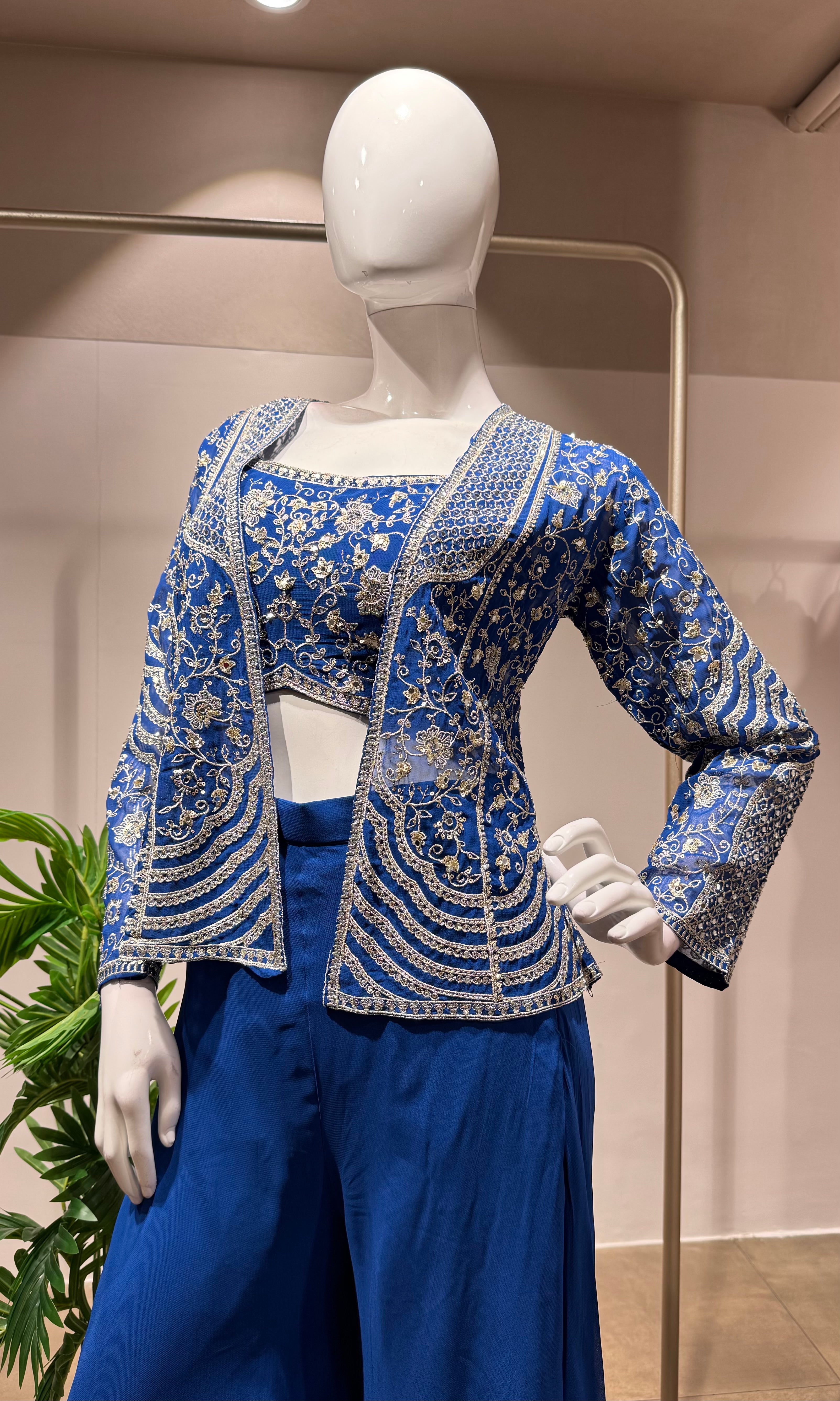 Royal Blue Embellished Palazzo SET WITH JACKET