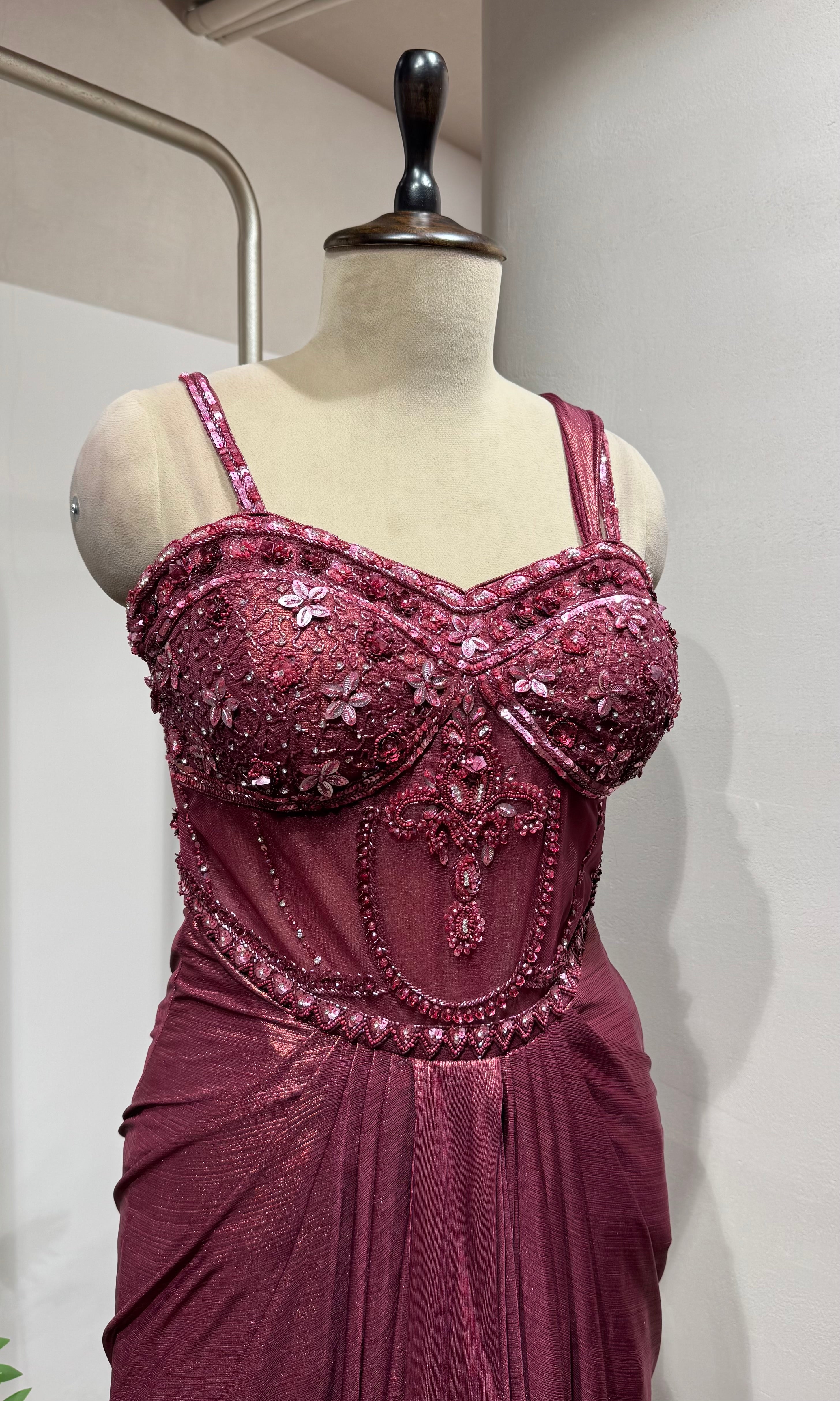 Maroon Draped Saree Embellished Gown