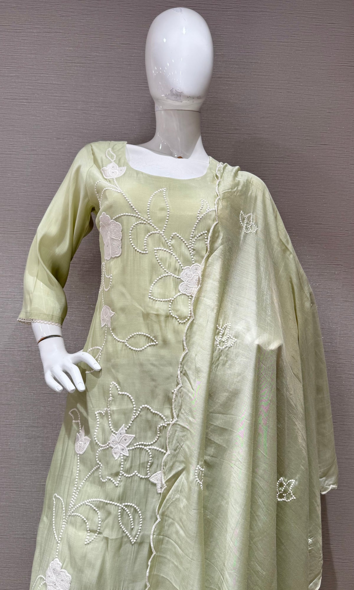 Pastel Green Cotton Floral Kurta & Dupatta Set