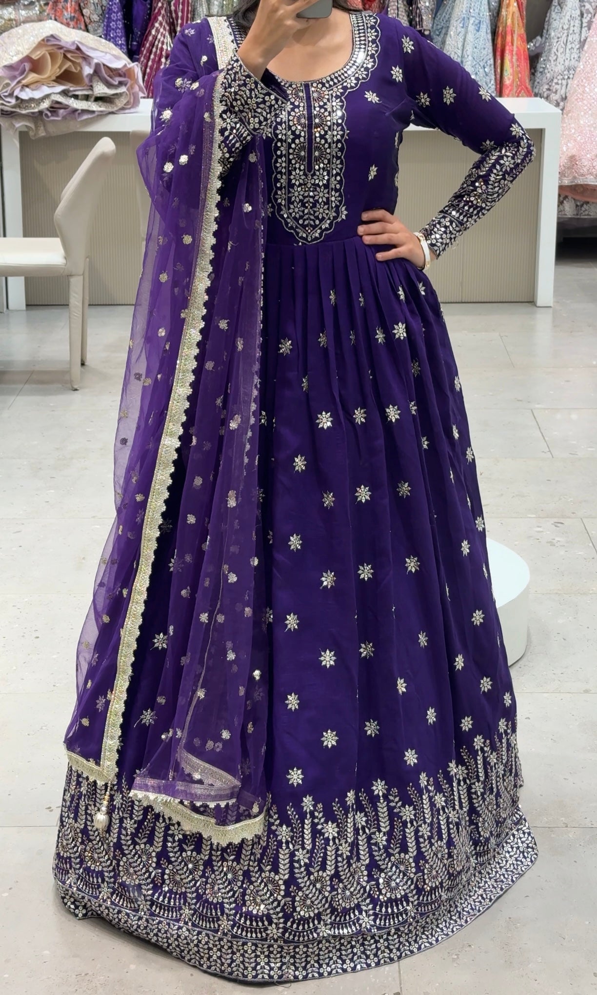 💜Purple georgette long dress with gold detailing and net dupatta💜