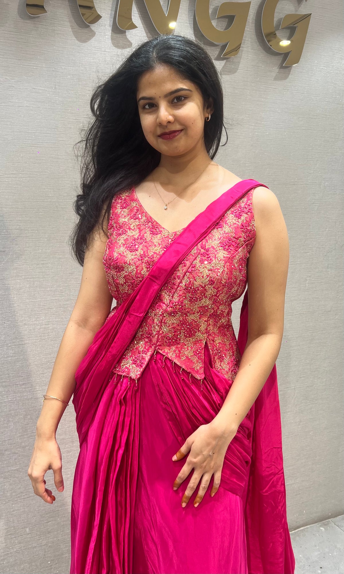 Fushion Pink Satin Dothi style skirt with Floral Blouse