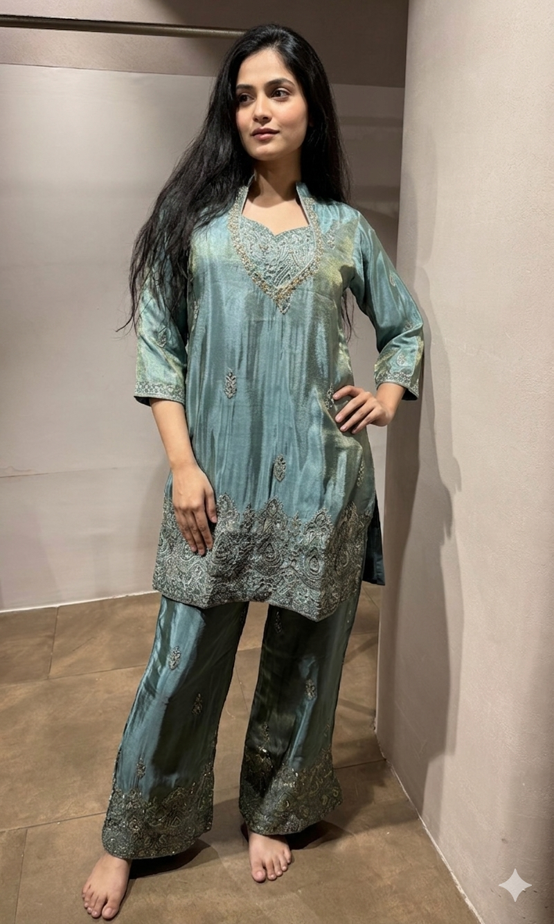 GREEN SHIMMER TISSUE SALWAR WITH FARSI PANTS
