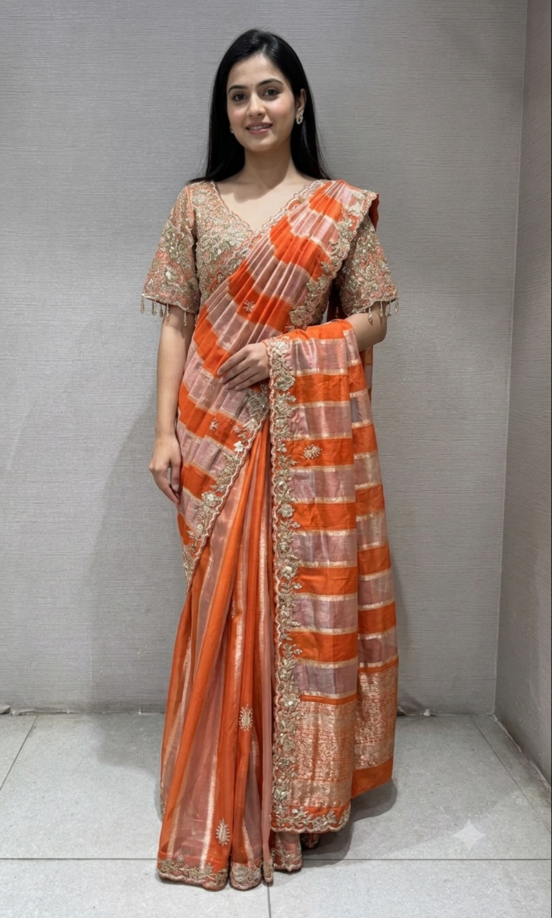 Orange Embellished Silk Leheriya Saree