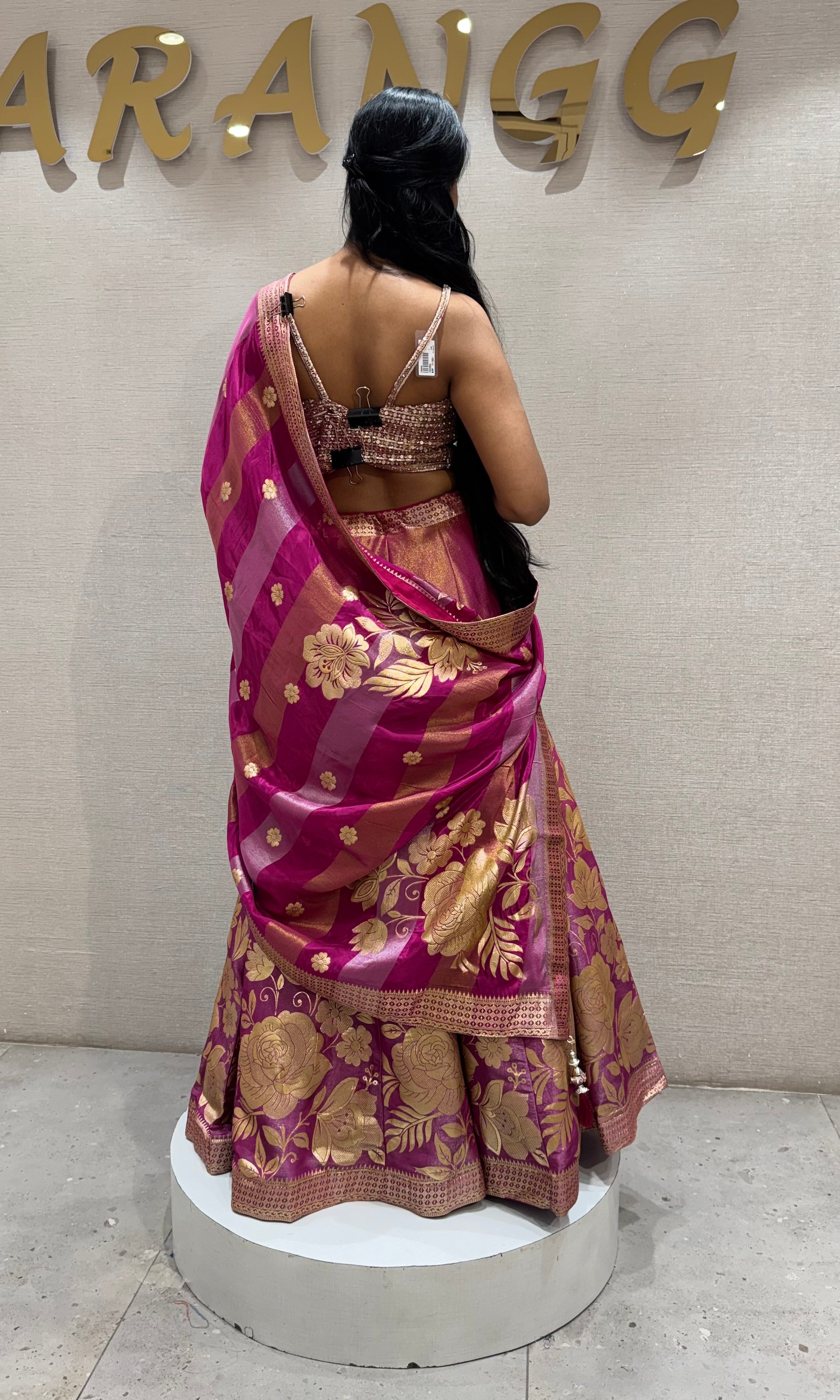 Fuchsia PINK and Gold Floral Banarasi Silk Lehenga