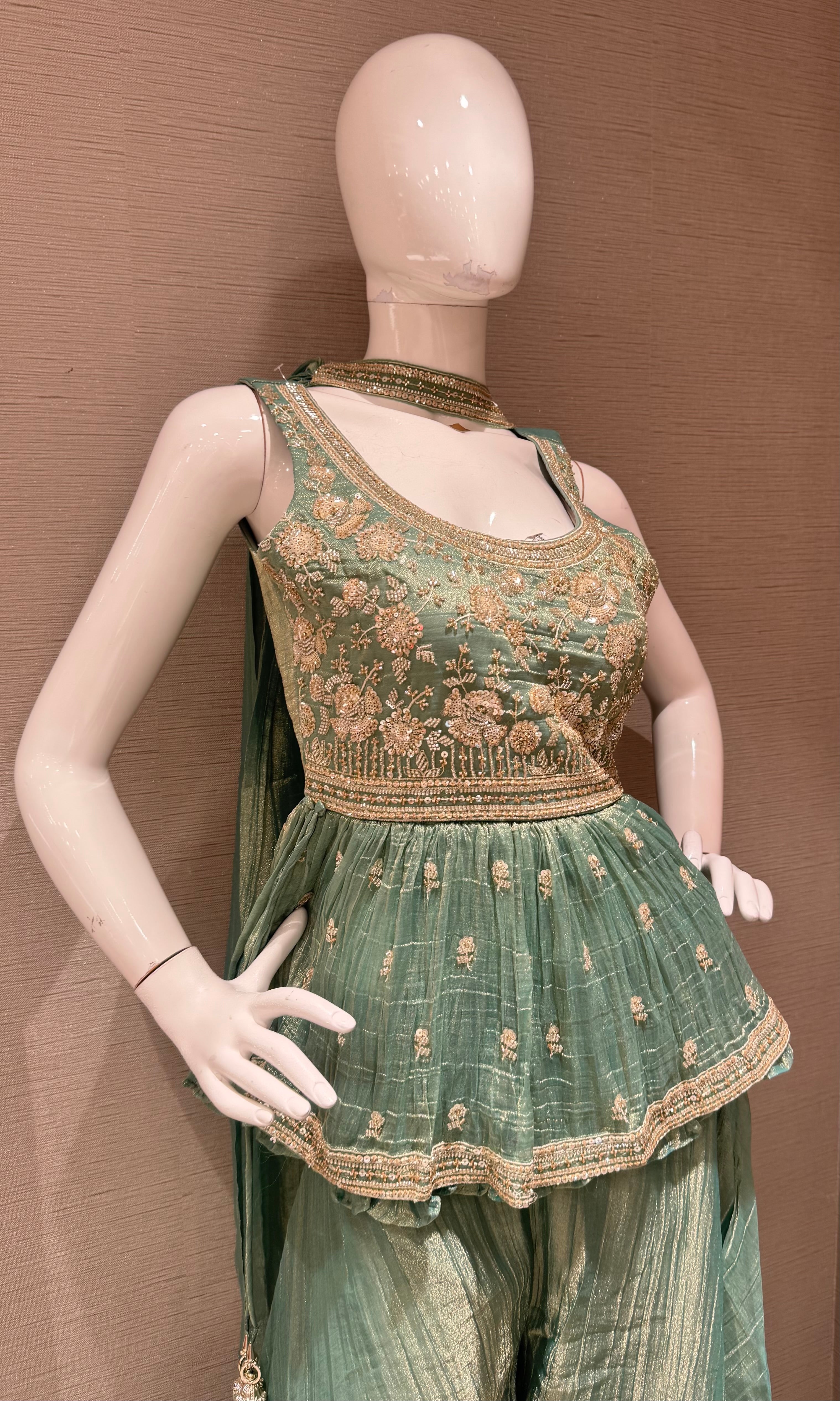 Pista Green Embellished Peplum Sharara set