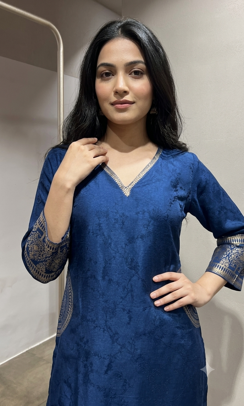 Peacock Blue Silk Straight Kurta Set with Gold Border