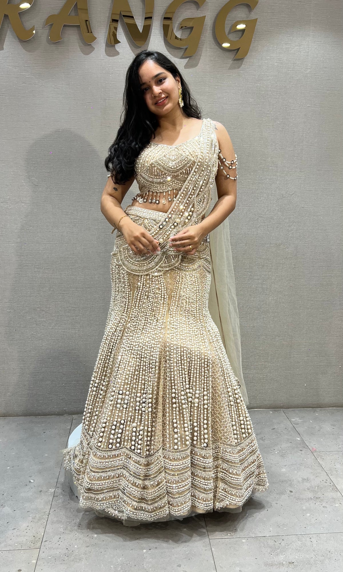 Beige fish cut Sequin Bridal Lehenga Set