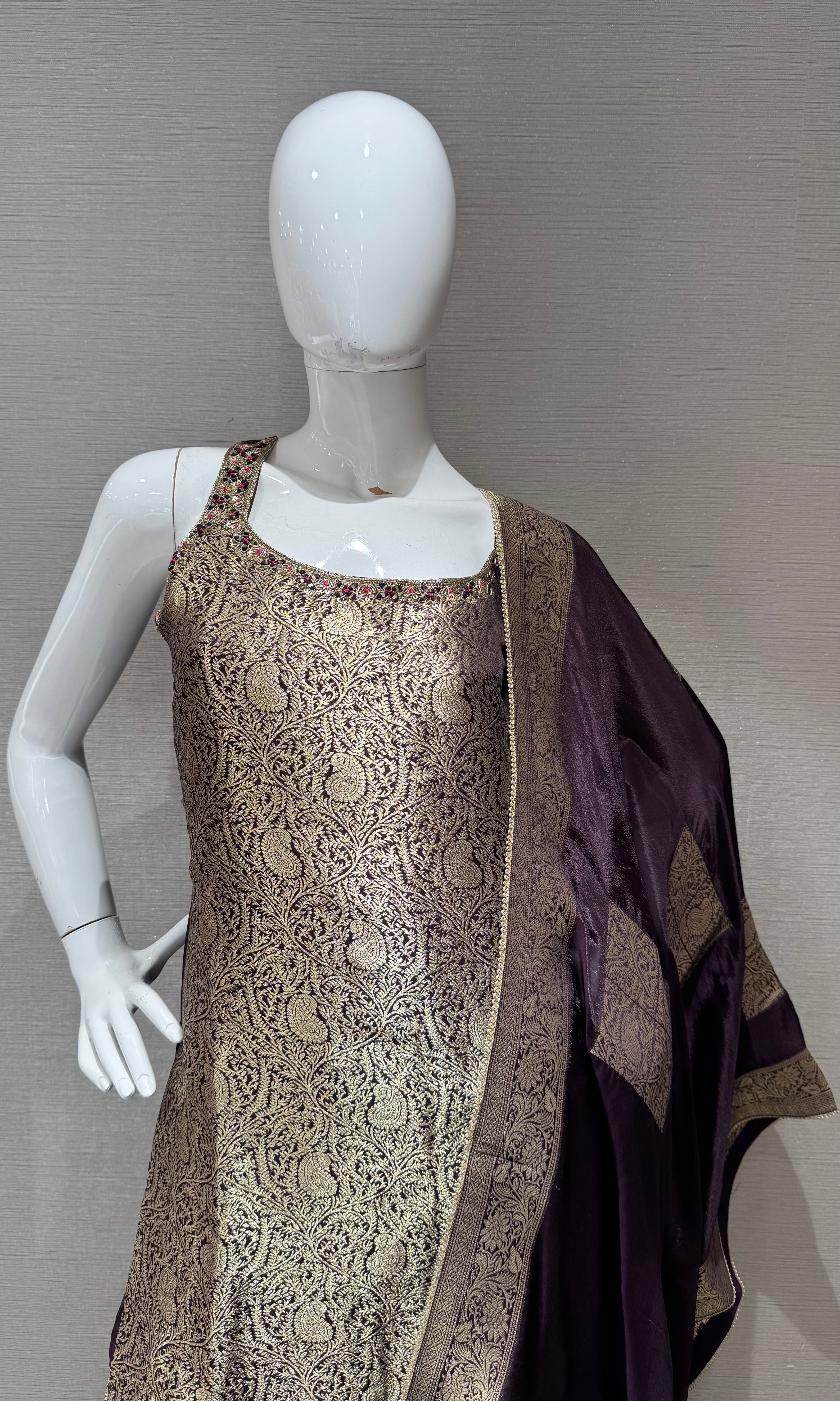 Deep Wine and Gold Zari Kurta Set with Dupatta