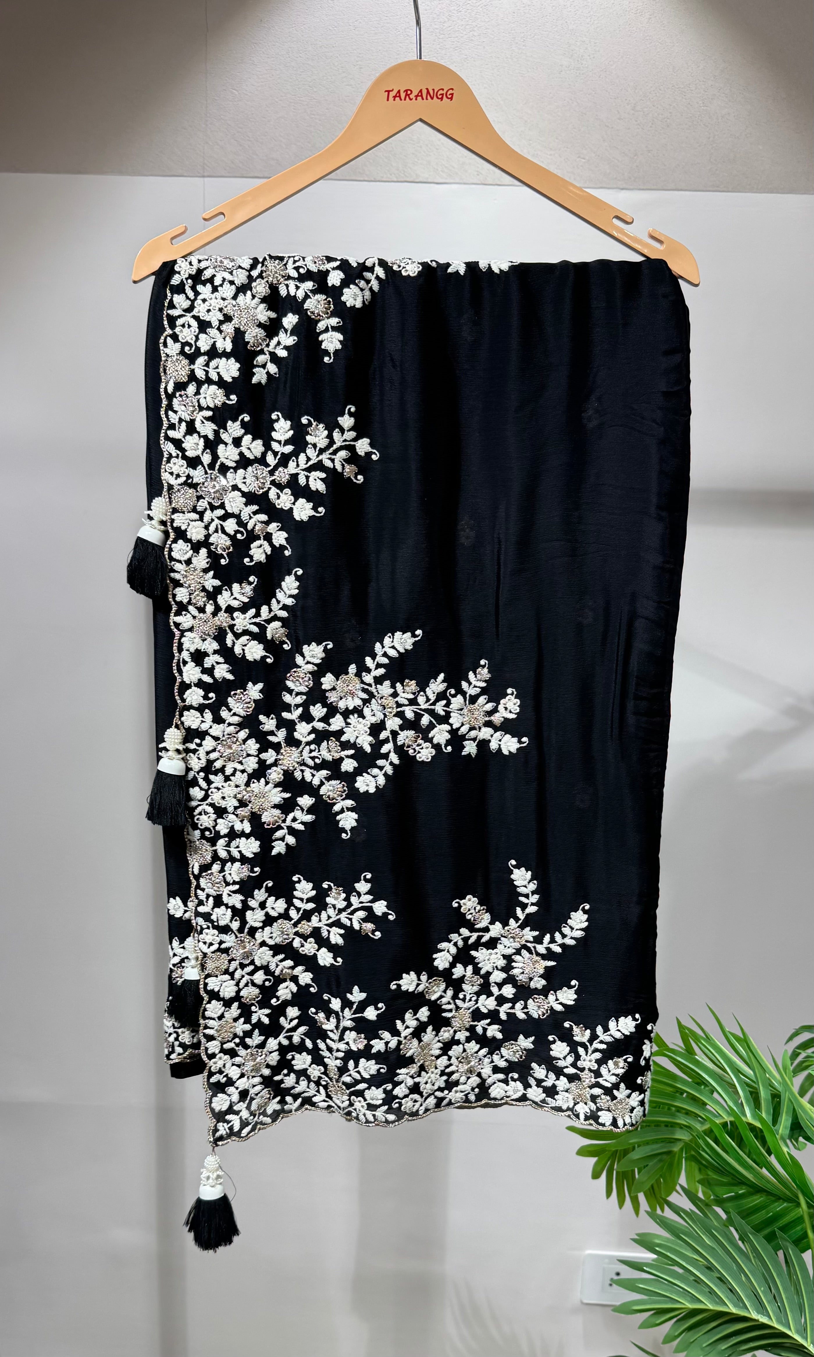 Black Embroidered Saree with V-Neck Blouse