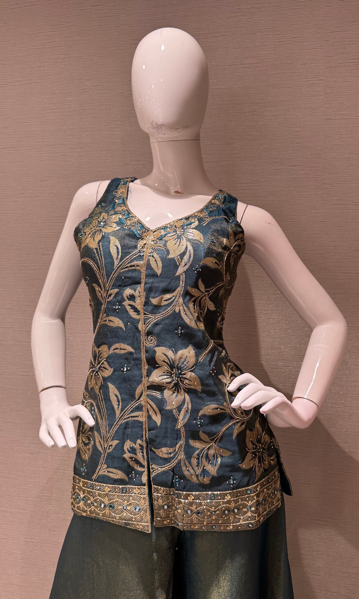 Peacock Blue and Gold Tissue Embroidered Palazzo set