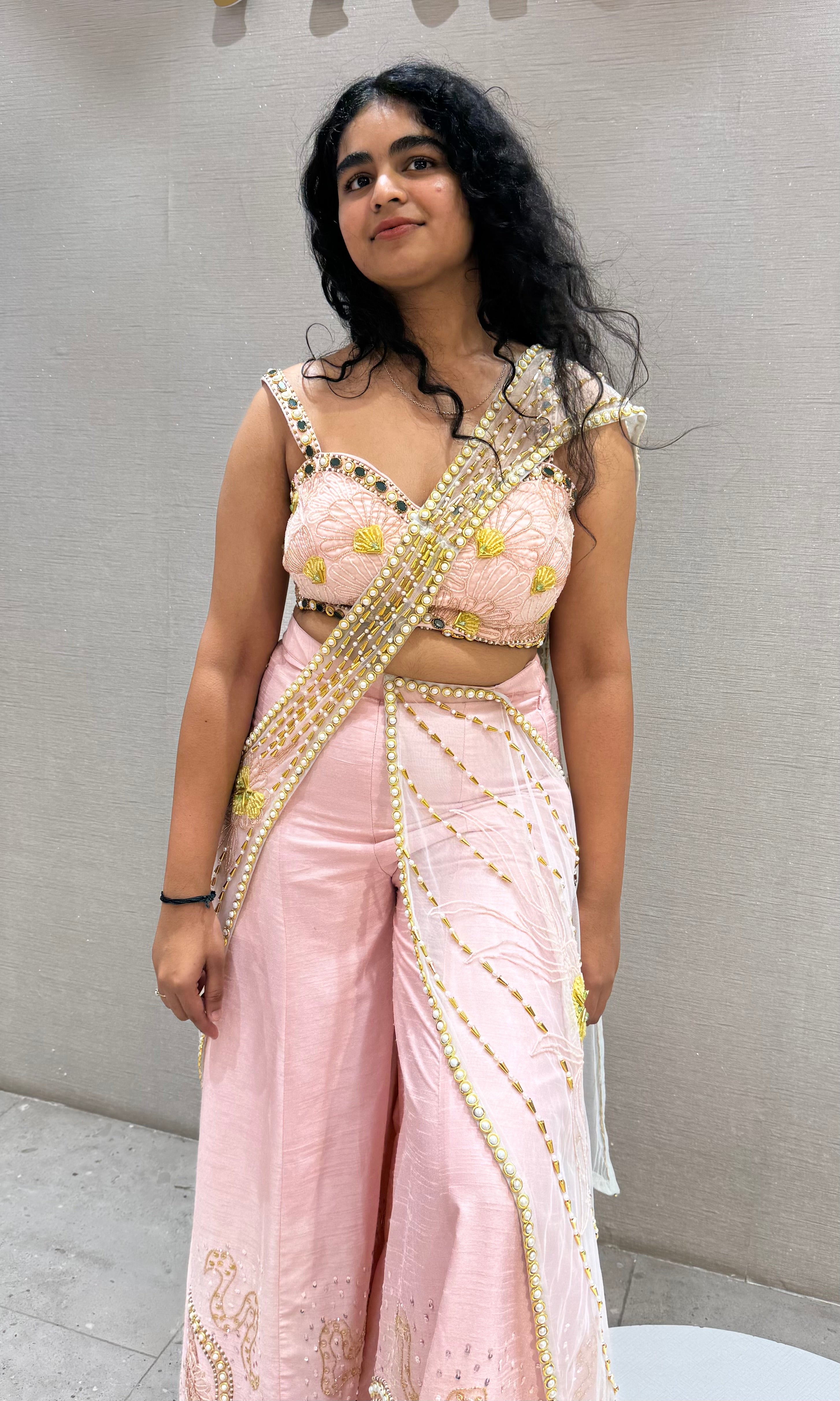 Baby pink palazzo with draped pallu