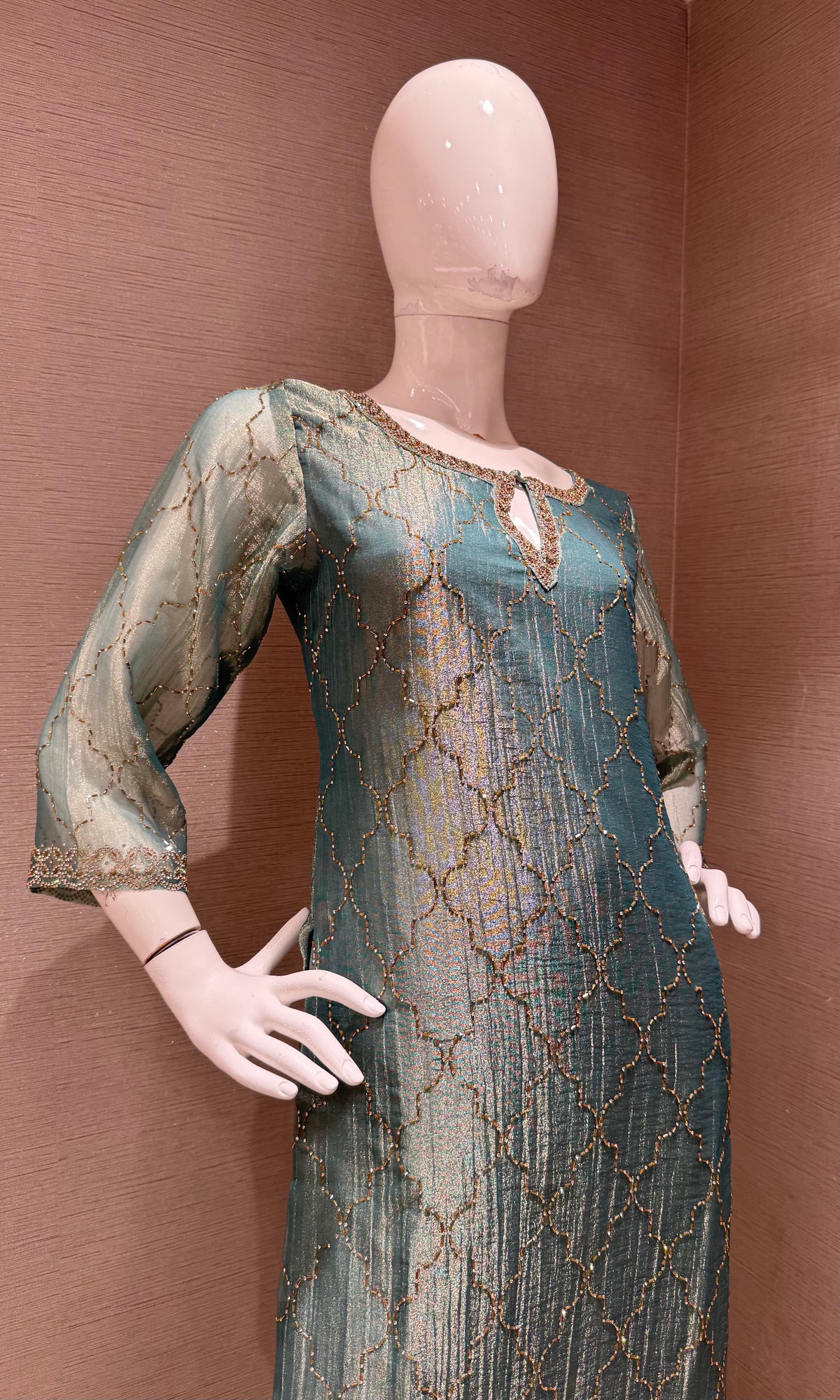 Green Shimmer Golden ethnic Kurta set with dupatta