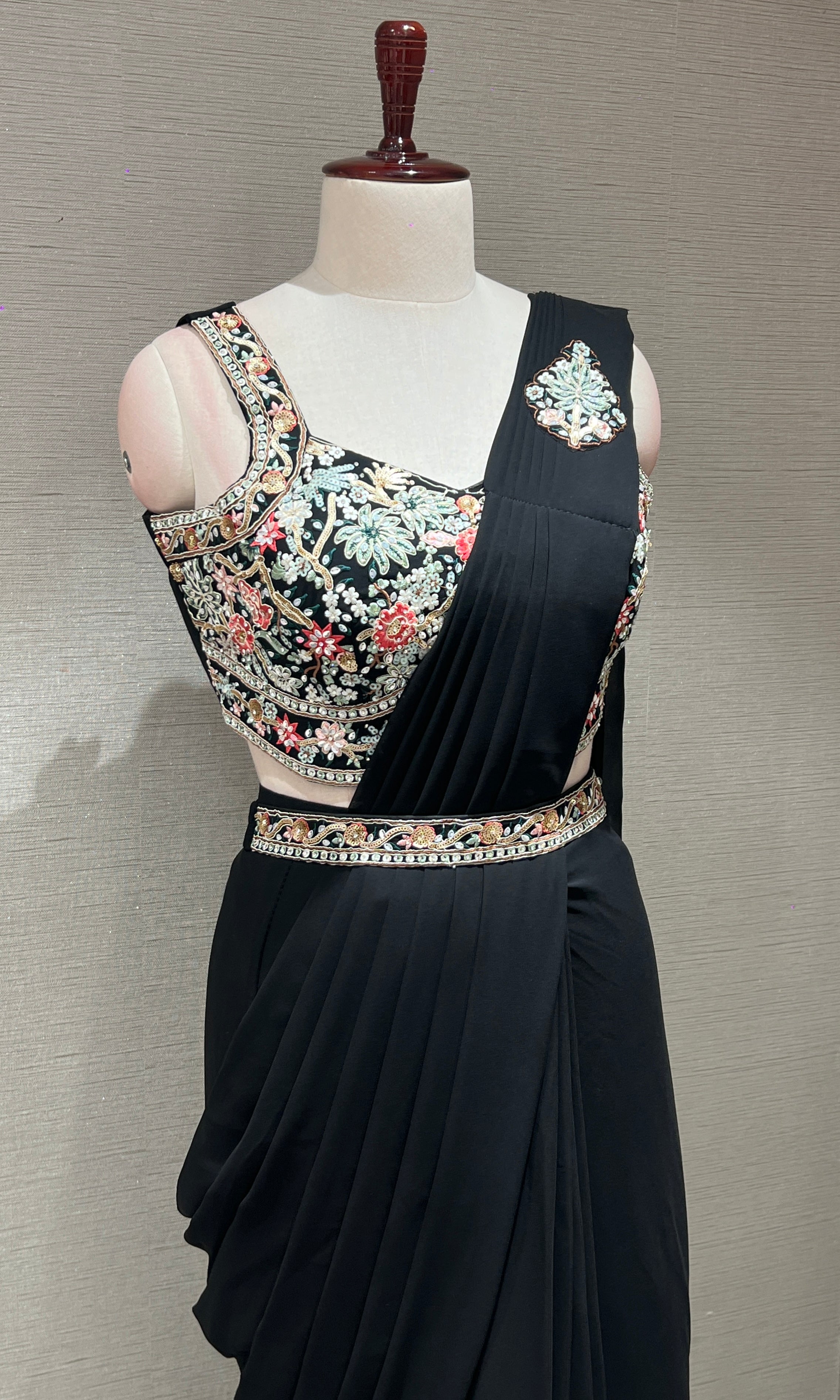 BLACK DRAPE SAREE WITH FLORAL BLOUSE