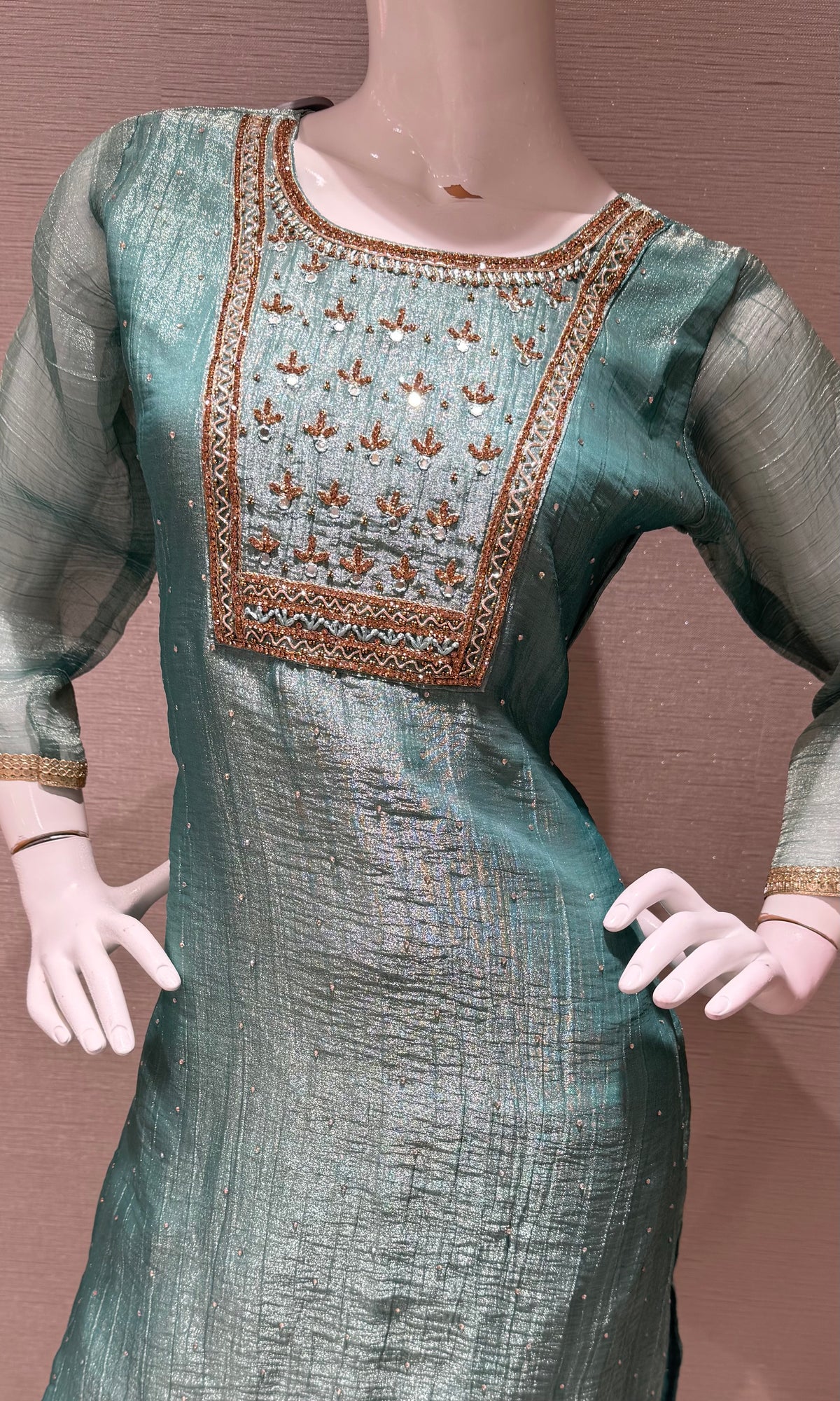 Sea green Tissue silk Salwar Kurta set with Gold Embroidery