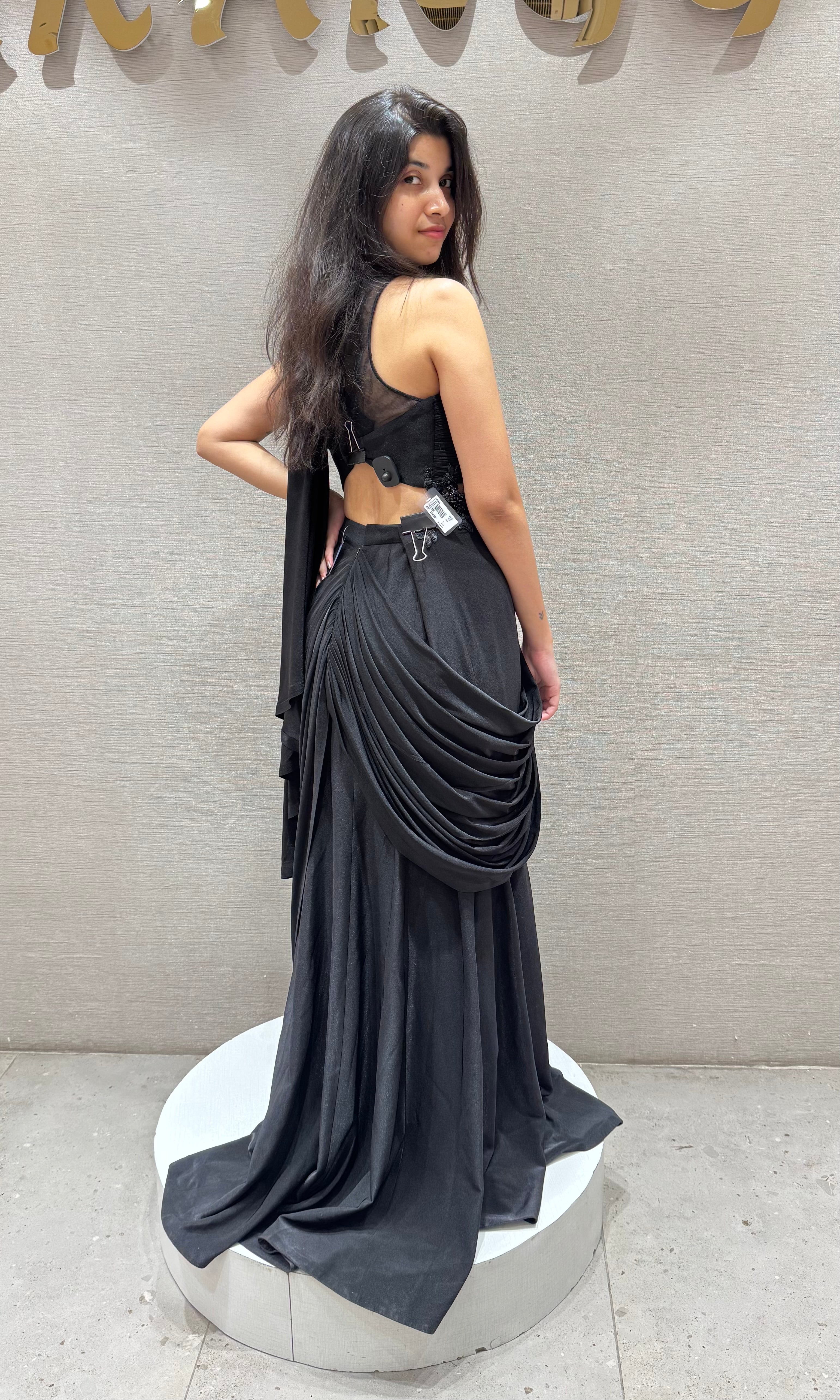 Black drape saree with halter neck blouse