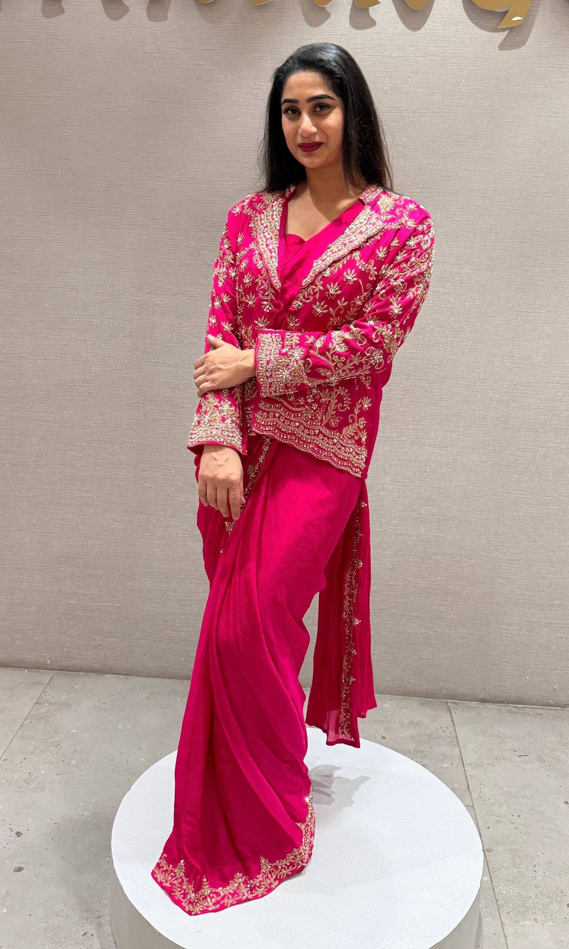 Pink Draped Saree with Embroidered Jacket