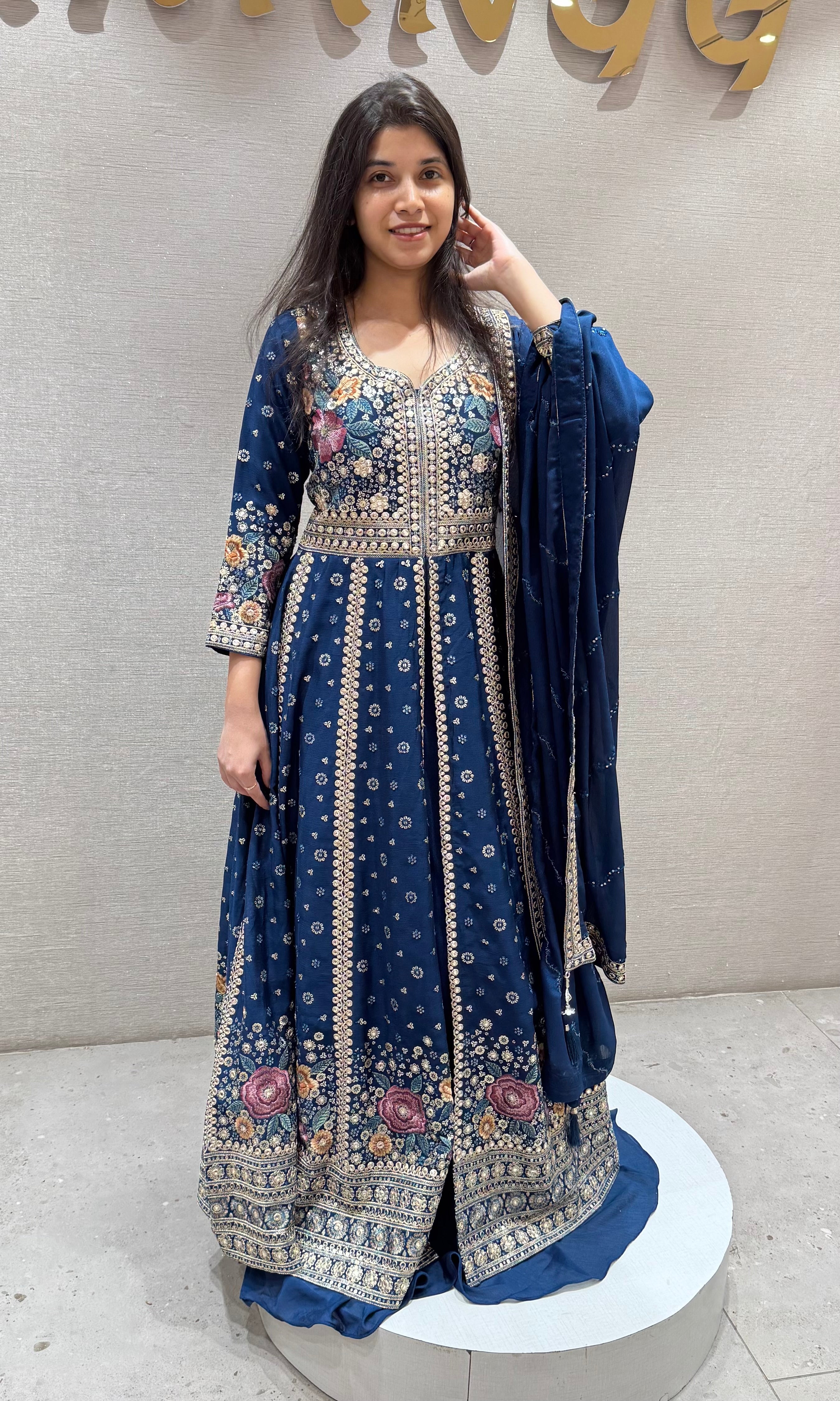 Navy Blue FLORAL Embroidered Anarkali