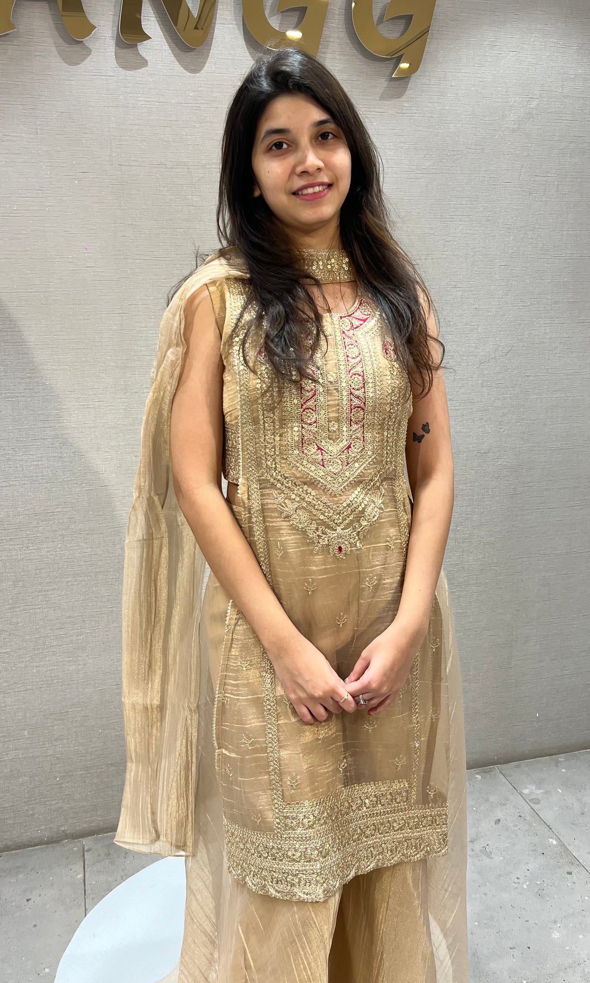 Beige tissue Embroidered Palazzo Set with Net Dupatta