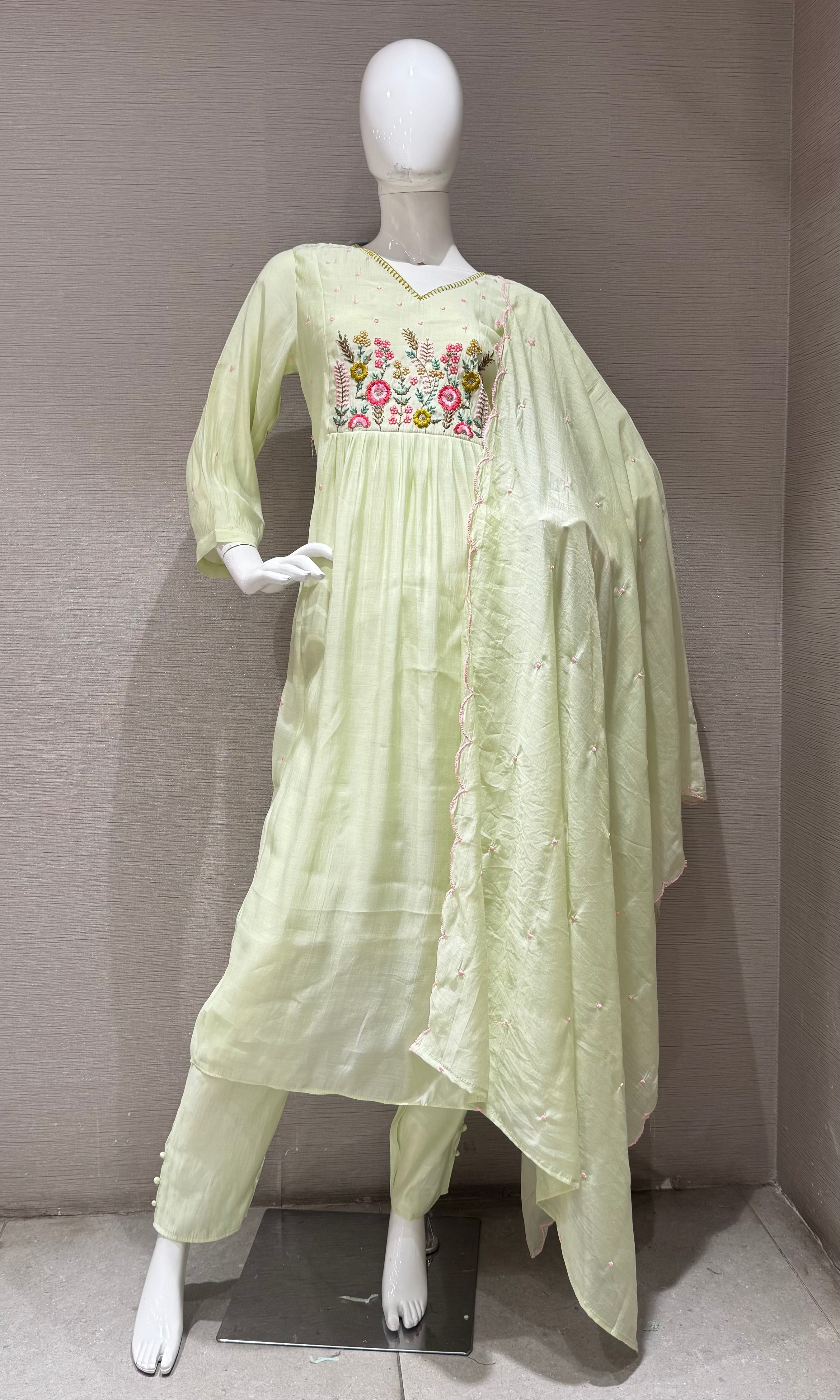 Pista green embroidery kurta set